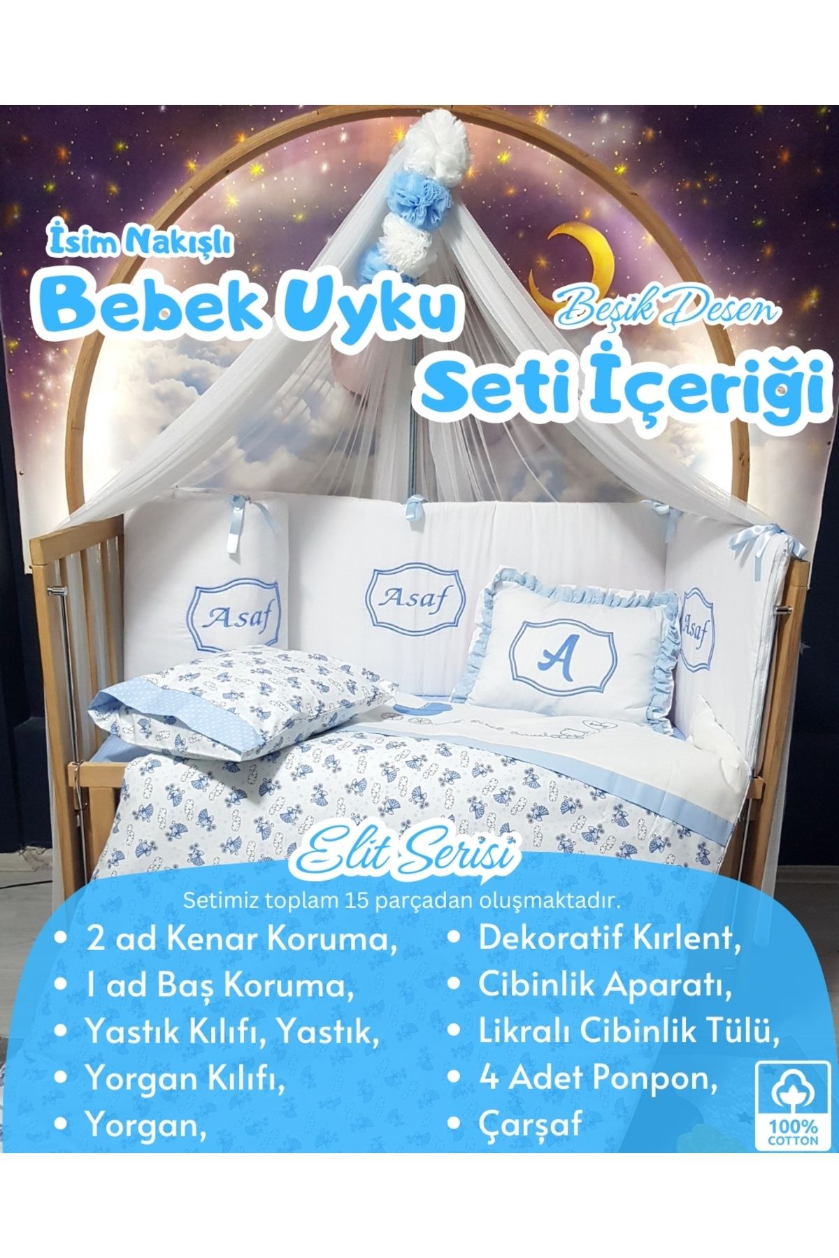 bebek iklimi Elit Serisi 60x120 Bebek Uyku Seti Pamuklu - Mavi Beşik, Lüks Cibinlikli ve İsim Nakışlı Kırlent