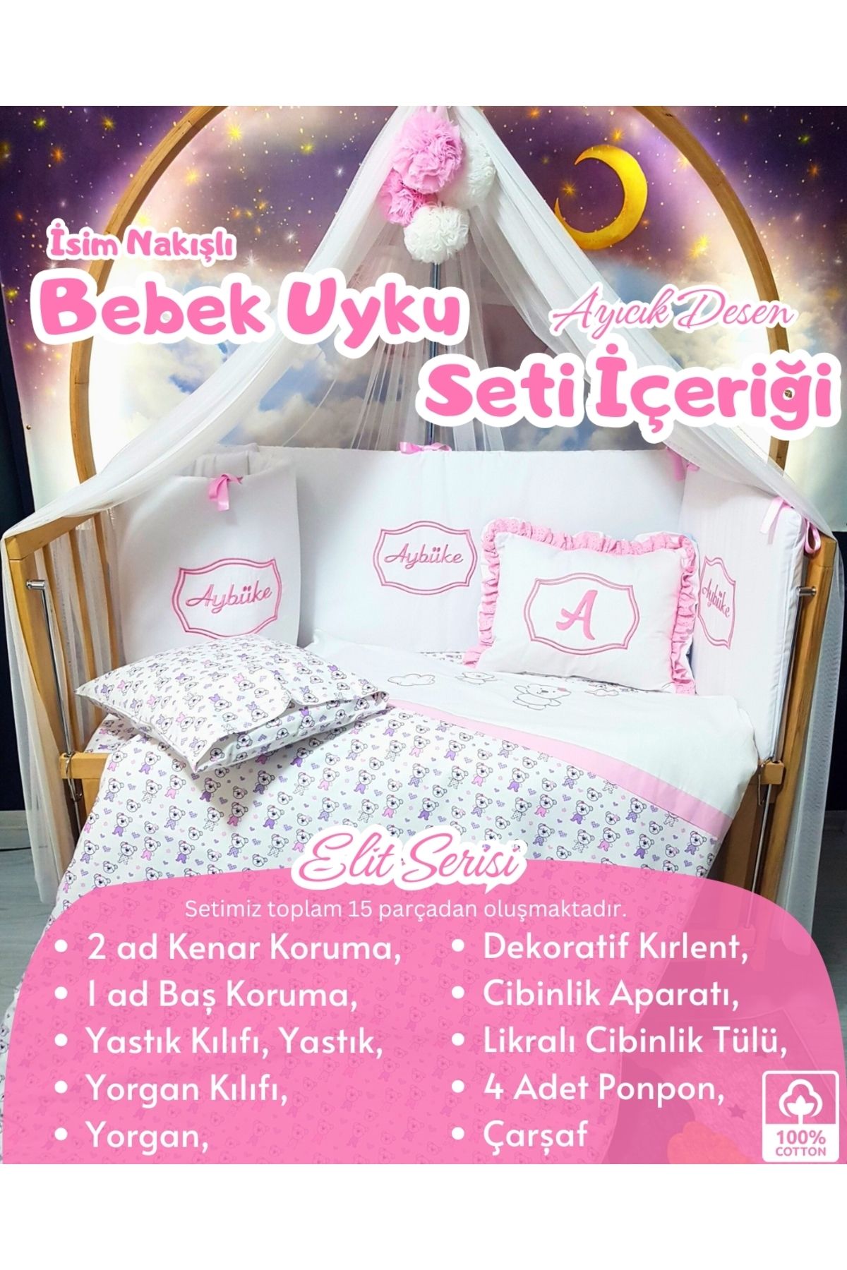 bebek iklimi Elit Serisi 80x130 Bebek Uyku Seti Pamuklu - Pembe Ayıcık, Lüks Cibinlikli ve İsim Nakışlı Kırlent