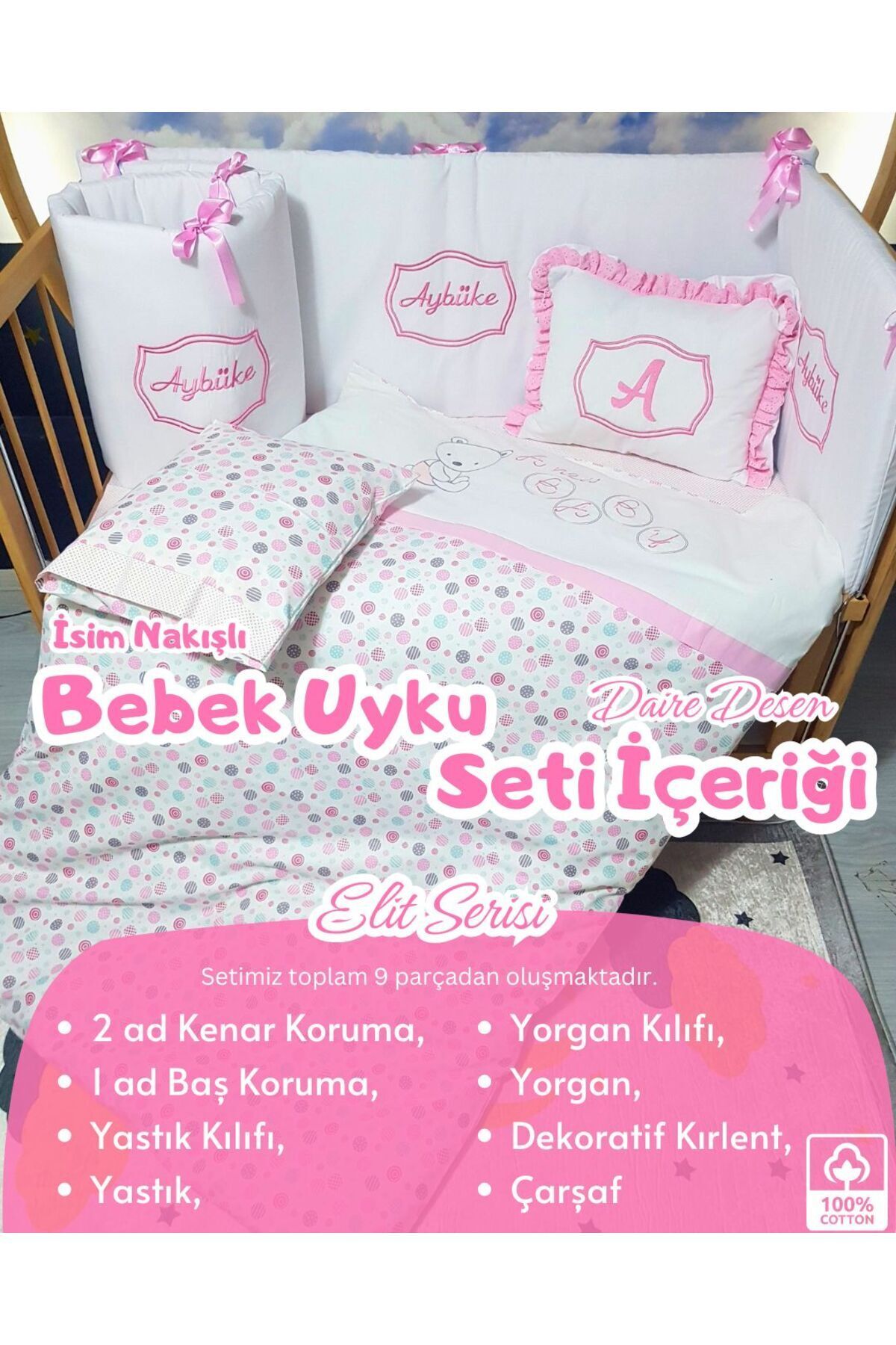 bebek iklimi Elit Serisi 80x130 İsimli Bebek Uyku Seti Pamuklu - Pembe Daire, Nakışlı Beşik Korumalık ve Kırlent