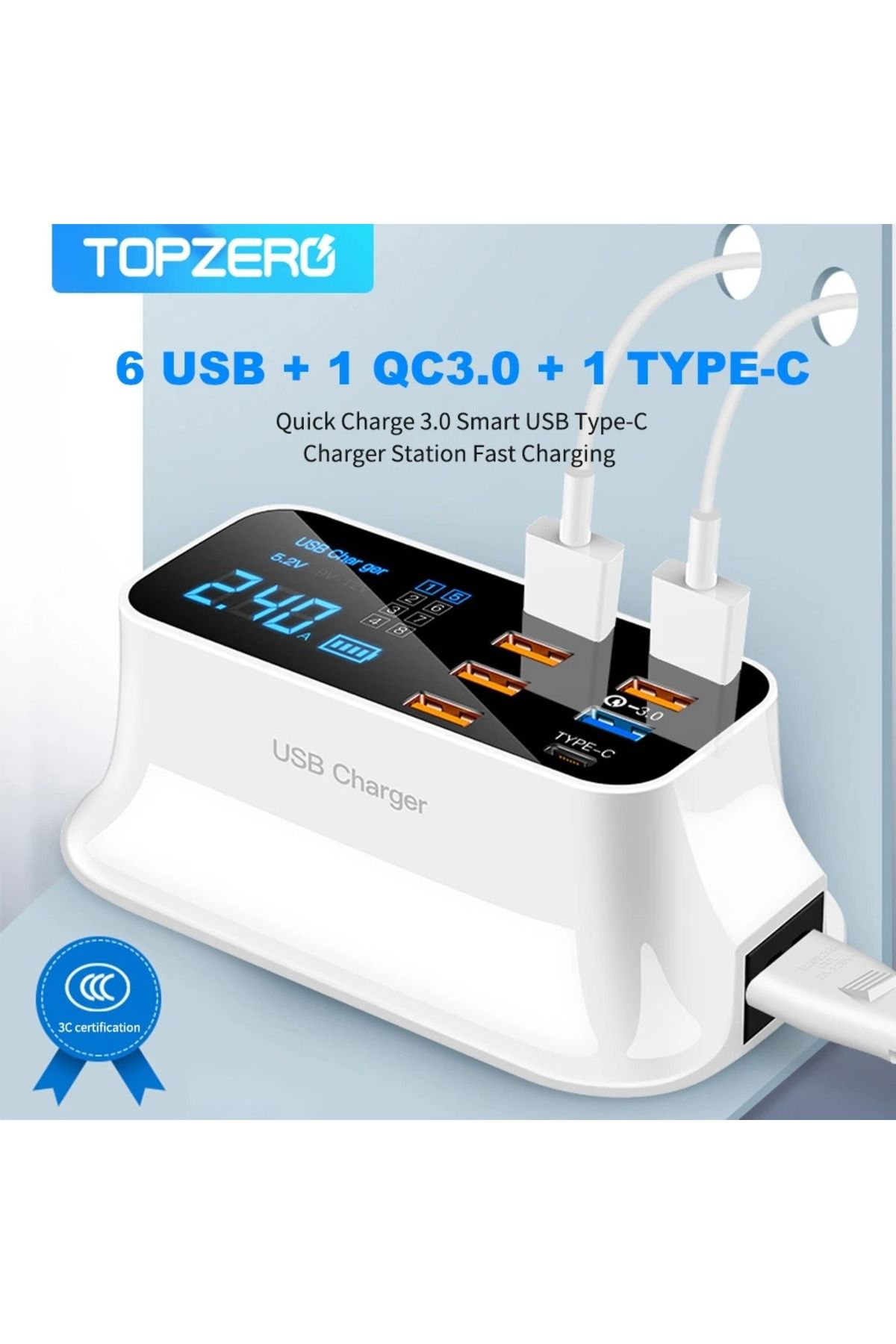 Yellowtech 8 Port Usb Hub Hızlı Şarj 3.0 1 Type-c Led Ekran Usb Şarj Istasyonu Voltaj Göstergeli Çoklu Priz