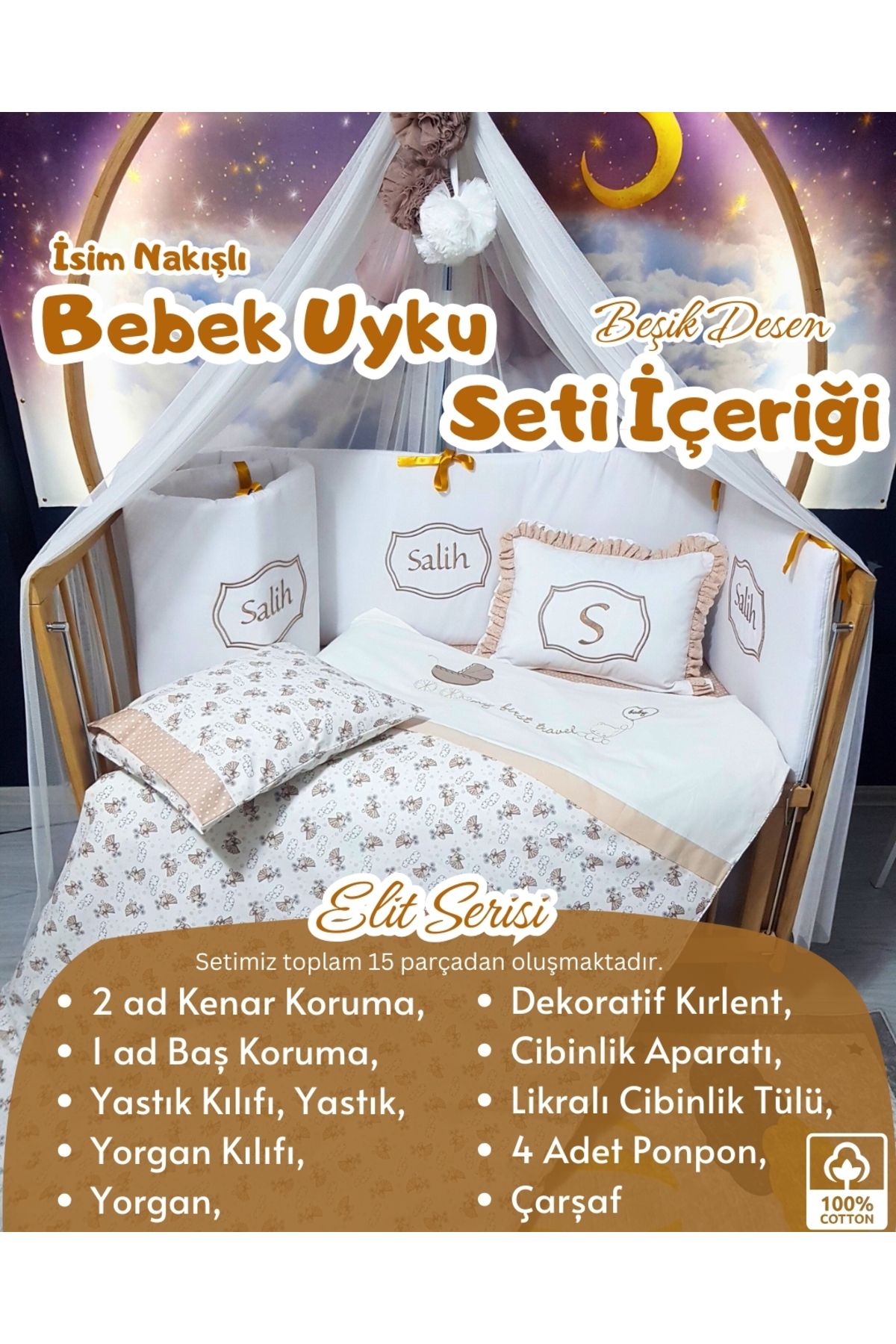 bebek iklimi Elit Serisi 90x130 Bebek Uyku Seti Pamuklu - Kahve Beşik, Likralı Cibinlik ve İsim Nakışlı Kırlent