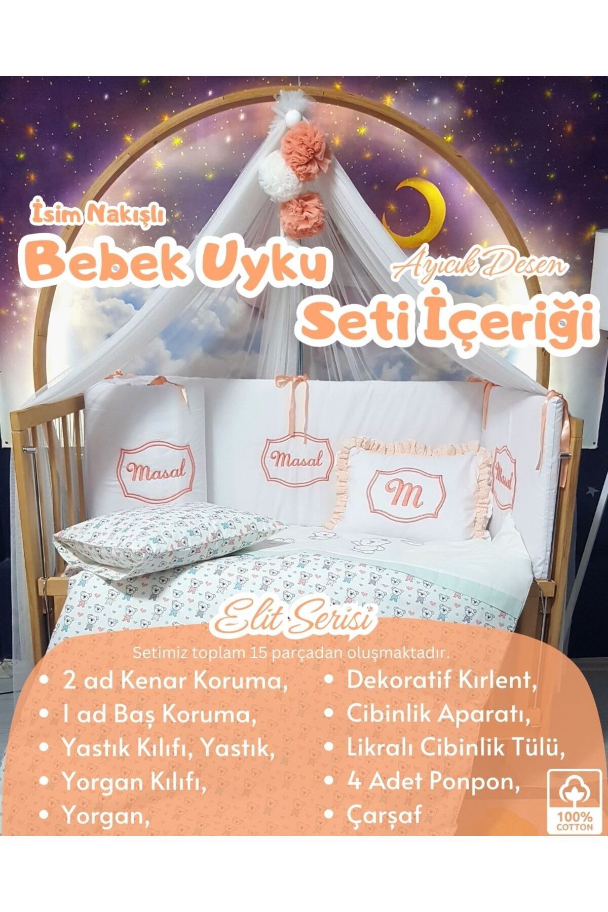 bebek iklimi Elit Serisi 60x120 Bebek Uyku Seti Pamuklu - Somon Ayıcık, Likralı Cibinlik ve İsim Nakışlı Kırlent