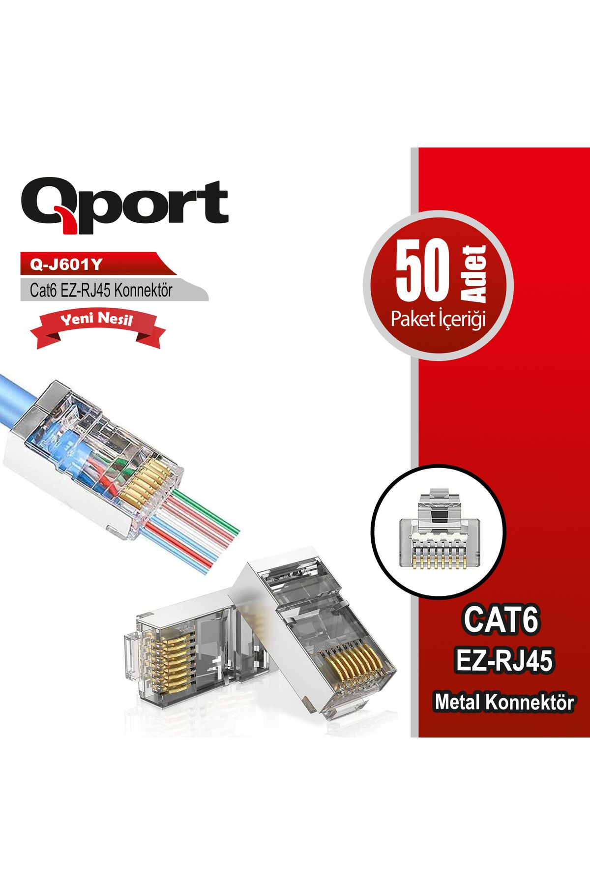 Qport Q-J601Y CAT6 50 LİK PAKET EZ-RJ45 METAL YENİ NESİL KONNEKTÖR