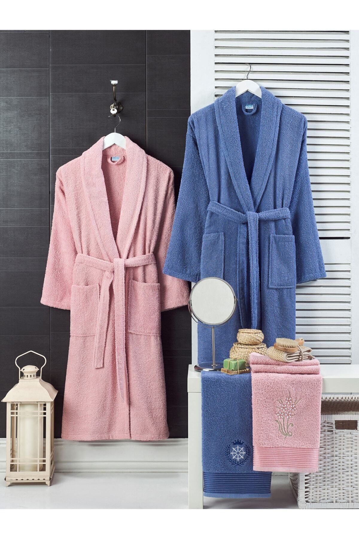 حوله تنپوش (روبدوشامبر) صورتی مردانه و زنانه Pink Navy Blue Bathrobe 4 Lu Set Rebeka