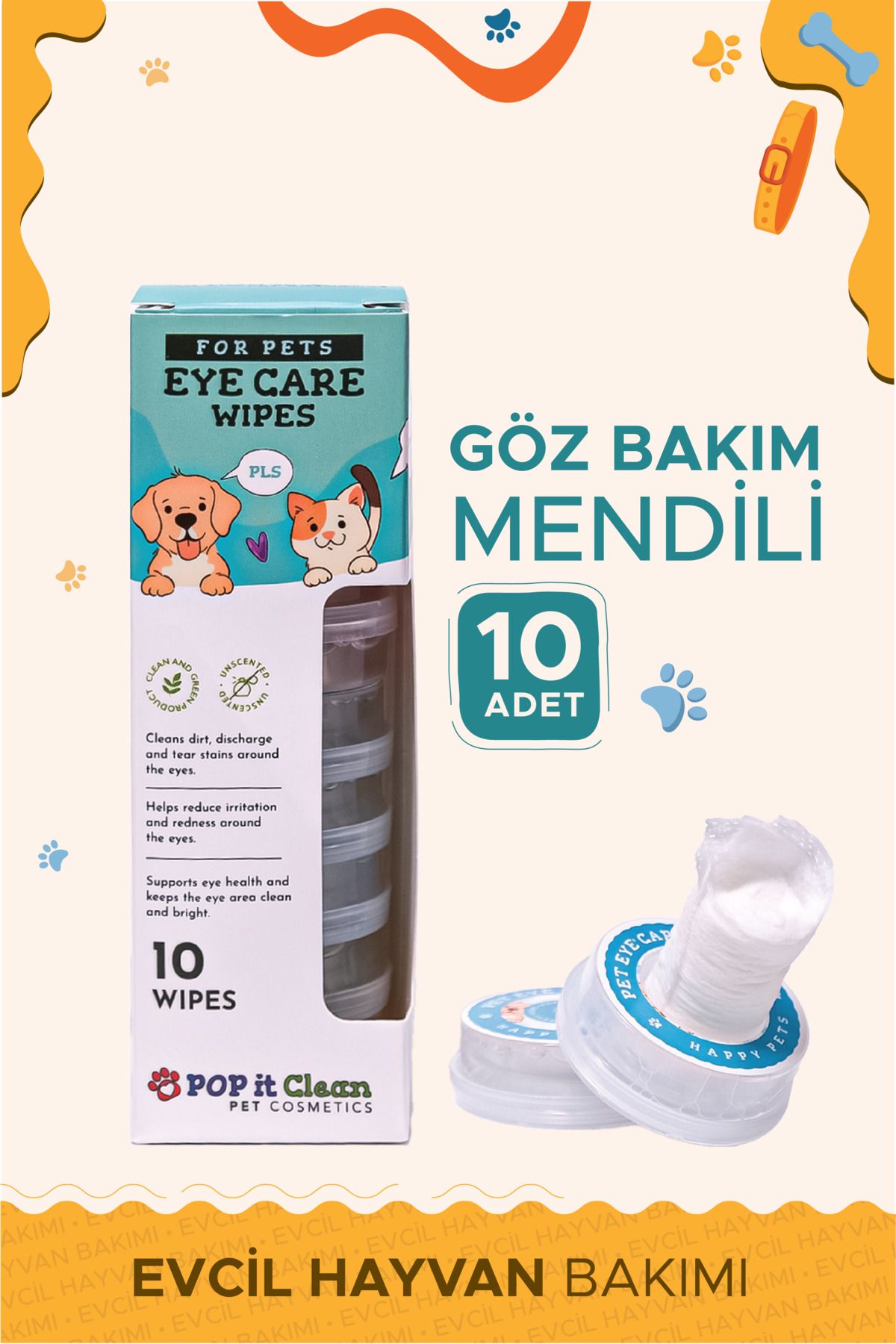 popitclean Evcil Hayvan Kedi & Köpek Göz Bakım ve Temizleme Mendili