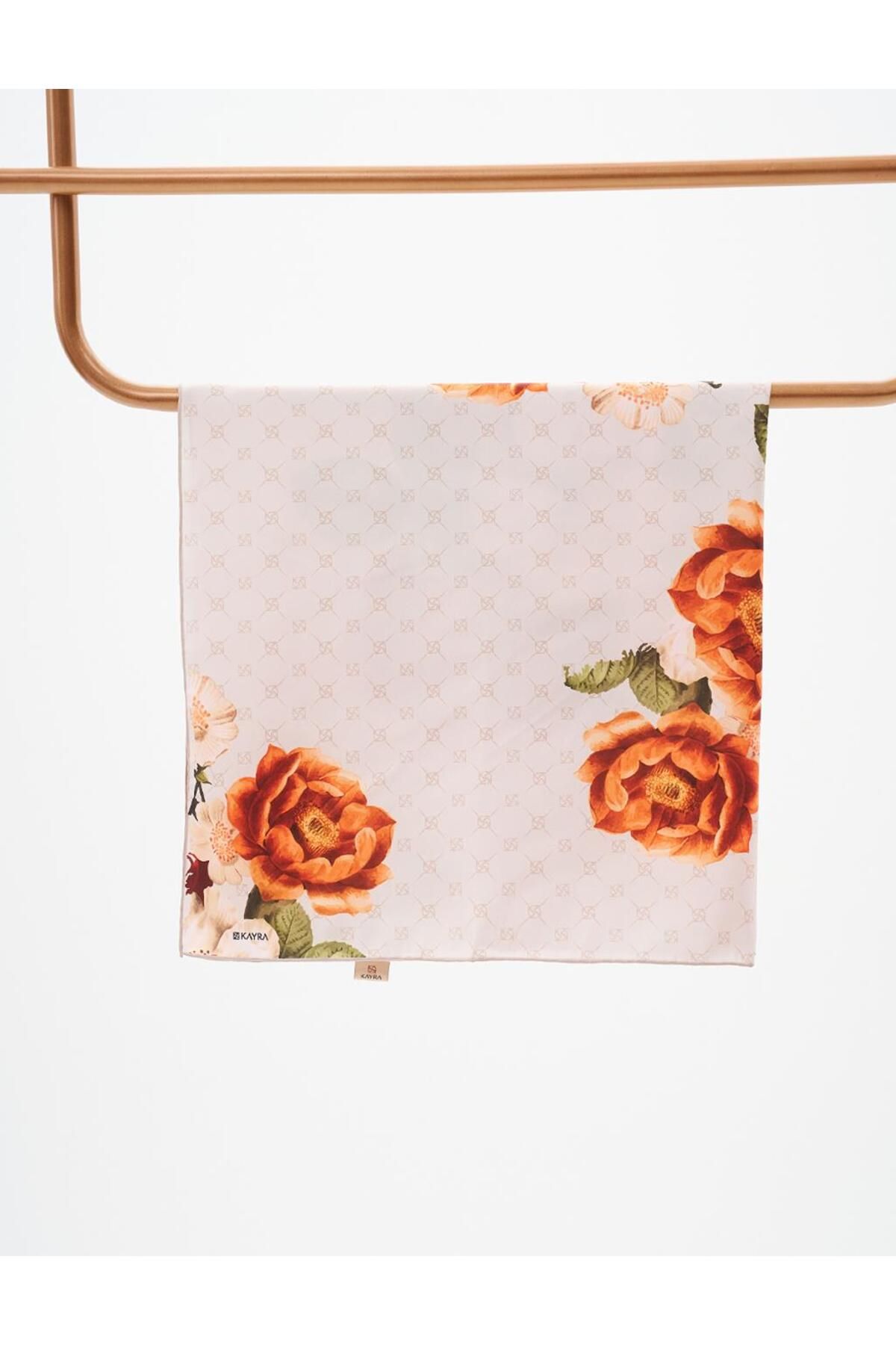 Kayra-Mildew Green Floral Patterned Monogram Scarf 2