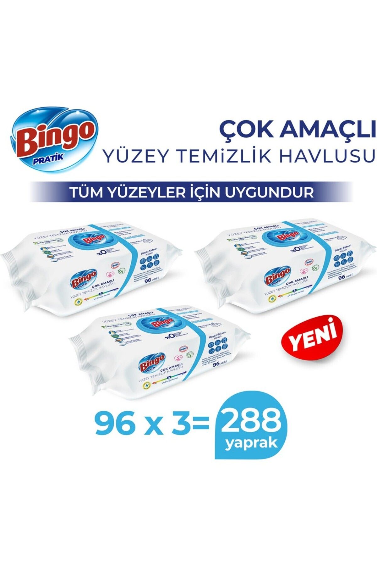 Bingo Çok Amaçlı Yüzey Temizlik Havlusu Mendili Beyaz Sabun Kokulu 96'lı X 3 Paket