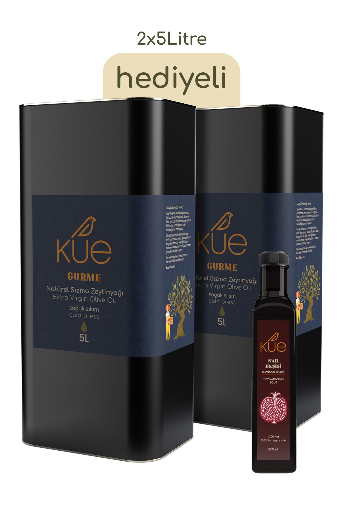 KUE OLIVE OIL Kue Gurme Seri Olgun Hasat Soğuk Sıkım Natürel Sızma Zeytinyağı 2x5 Litre Nar Ekşisi Hediyeli