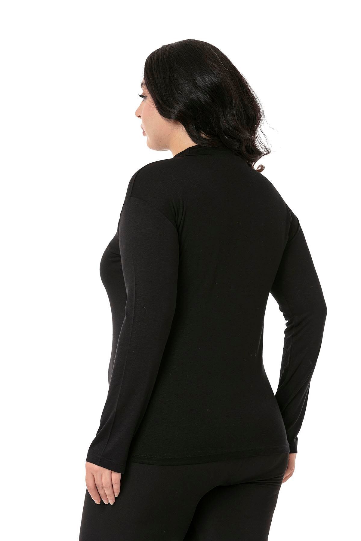 DISENTIS MODEST Büyük Beden Yarım Balıkçı Uzun Kollu Viskon Siyah Body görsel 3