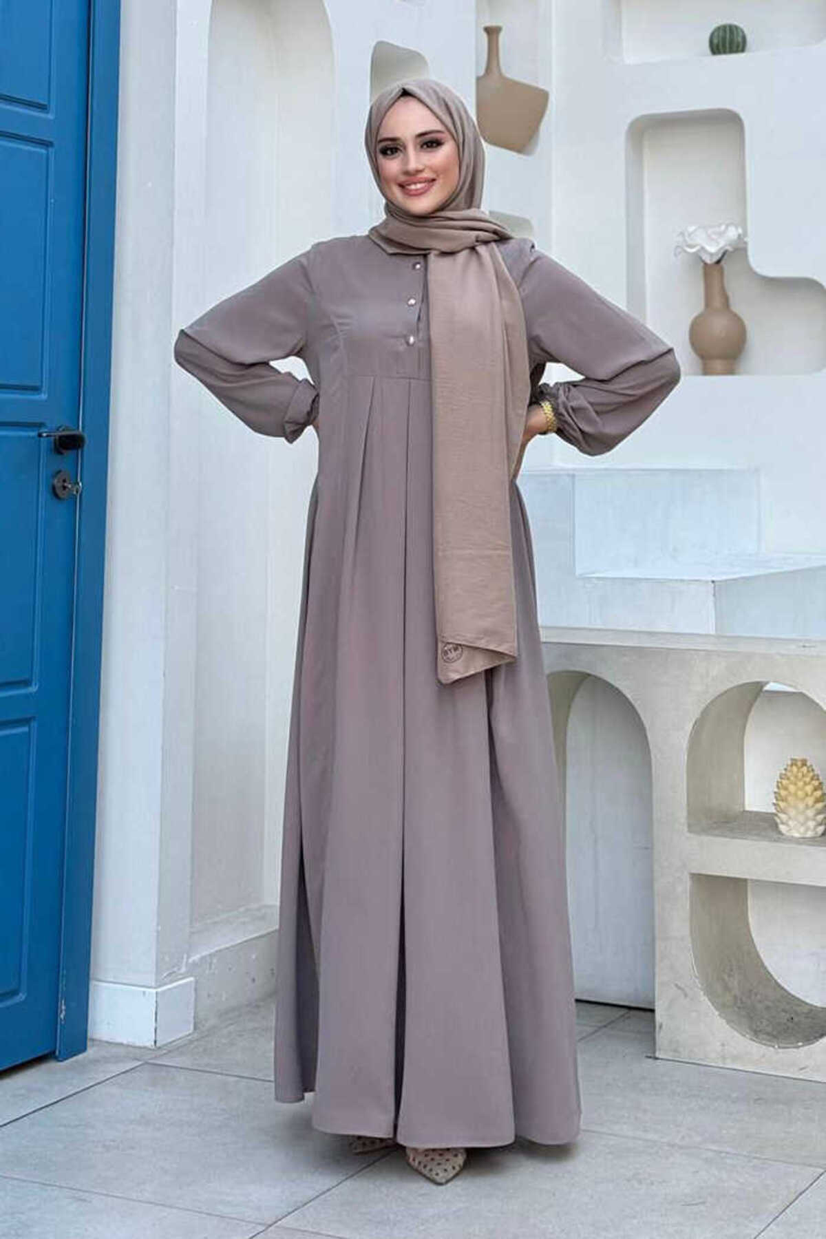 Bym Fashion-Mink Dress 6028 - Button Detail 3