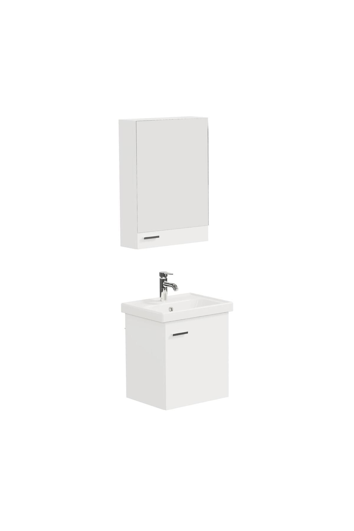 AQUA BAGNO Basic Alt dolap + Üst dolap -Lavabo dahil-Beyaz ,50 cm. 3 parça