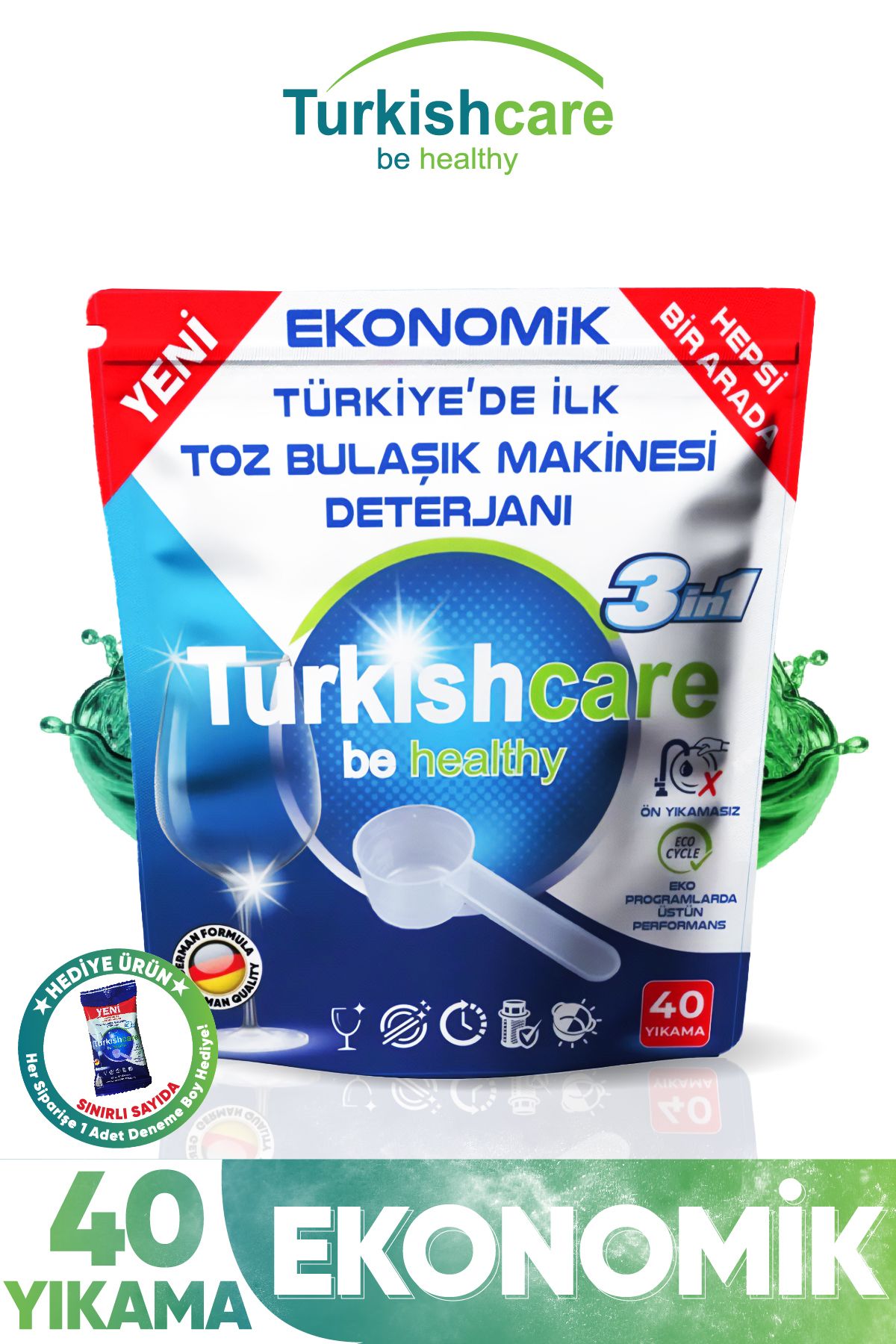 Turkishcare Ekonomik Hepsi Bir Arada Bulaşık Makinesi Tablet Deterjanı Toz 40 Yıkama