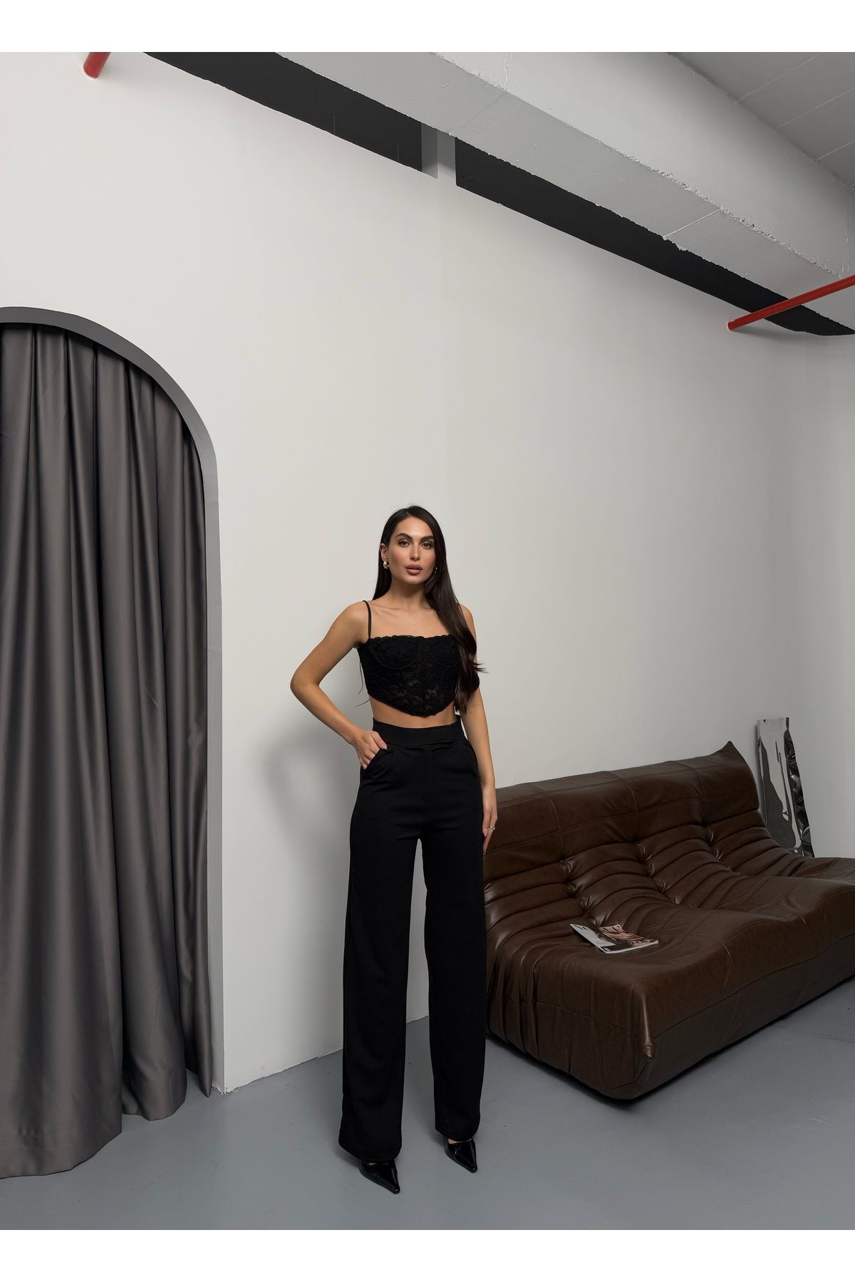 COMBİNE MİCHAİL-Black Line Lycra Velcro Closure Palazzo Women's Trousers 6