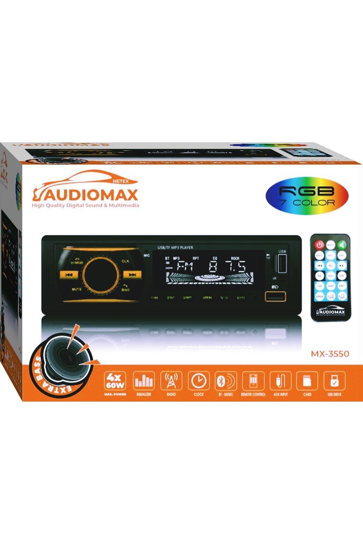 Genel Markalar Mx-3550bt Çift Usb Araba Oto Teyp Radyo Bluetooth Usb Aux Rgb Tuş Işığı 4*60 (YENİ KUTU)