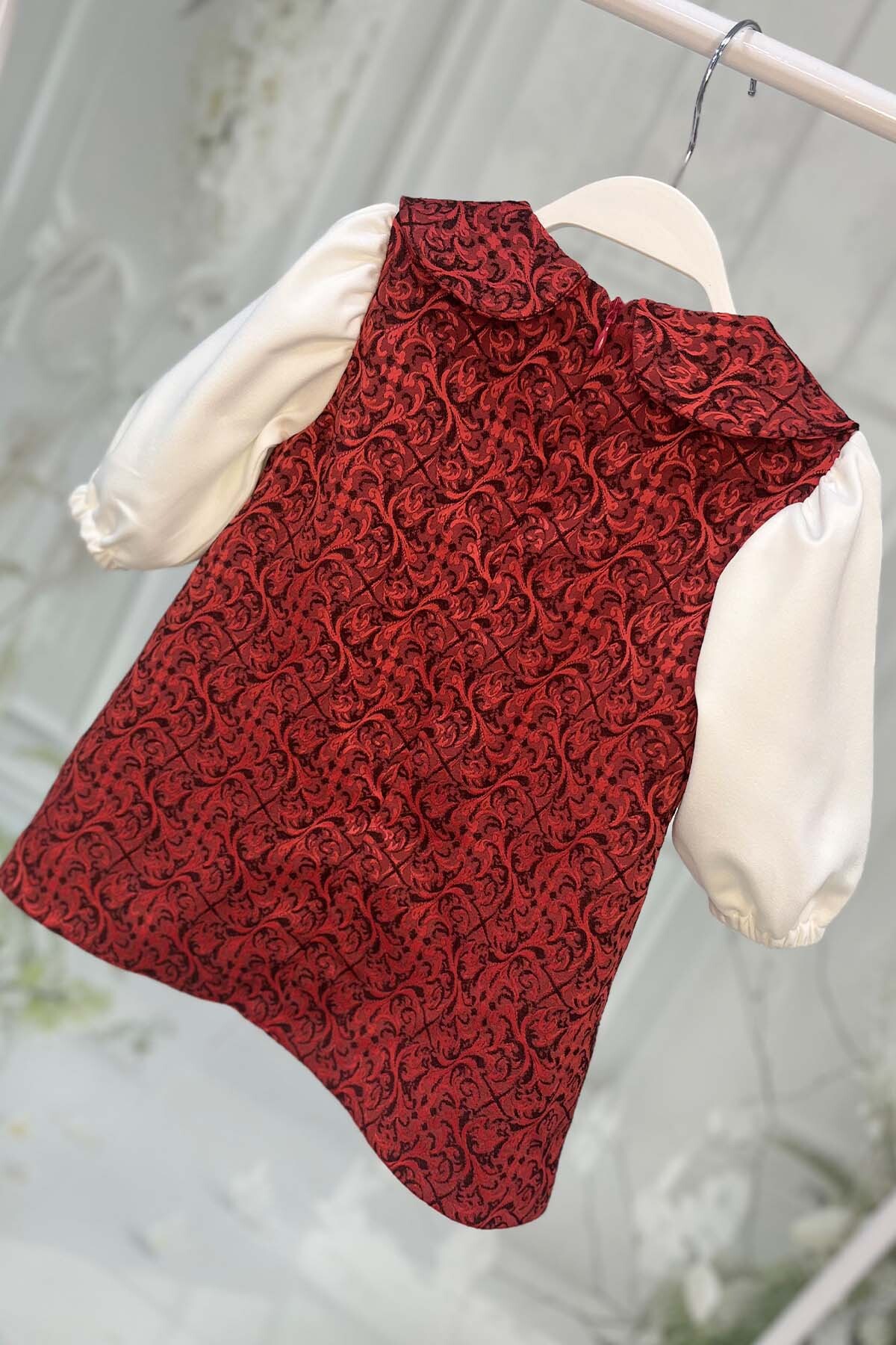 Bertuğ Bebek Bordo Kırmızı ve Kırık Beyaz Kız Çocuk Bebek Jile Krep Elbise fotoğrafı 4 (önizleme)