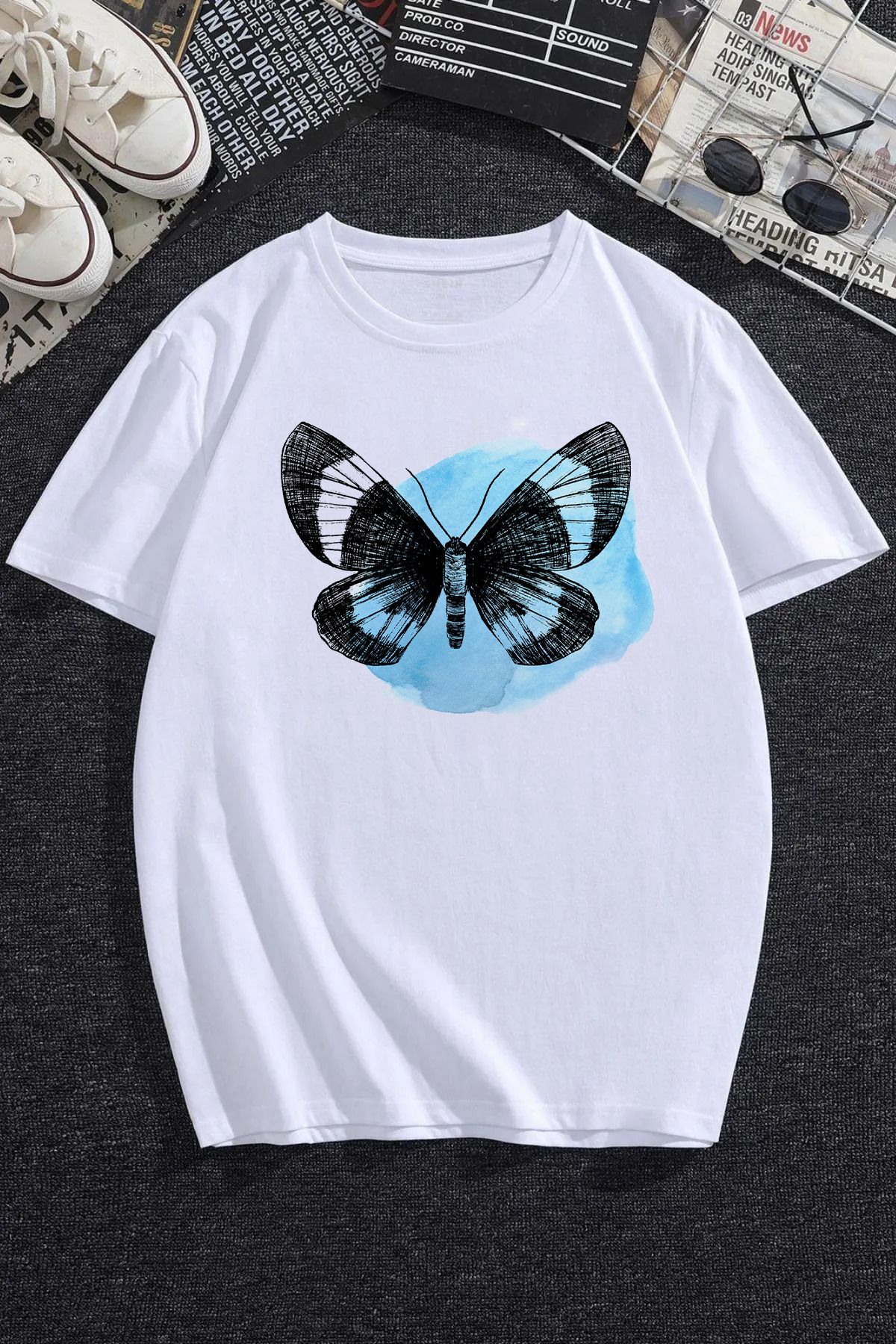 JAMPY Unisex Beyaz Kelebek Baskılı Oversize T-shirt