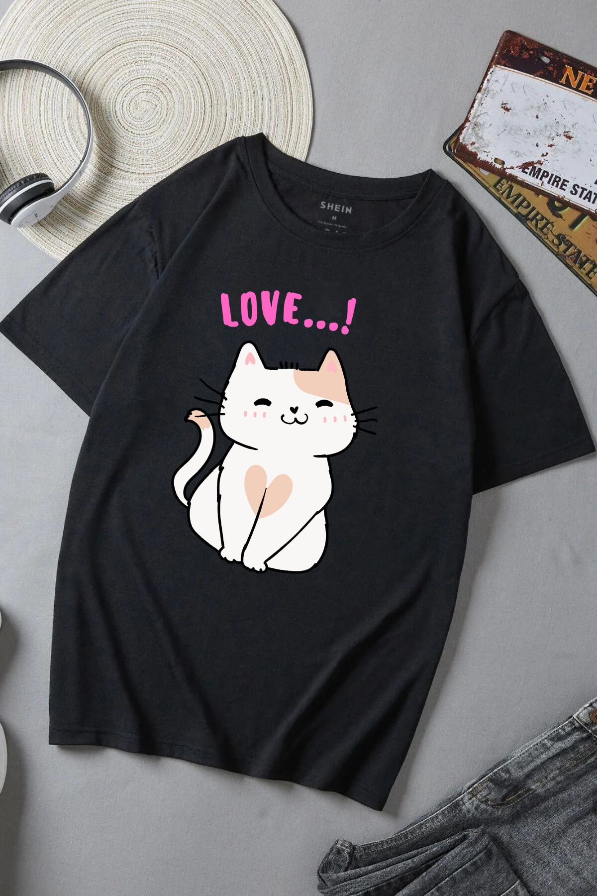 JAMPY Unisex Siyah Cat Baskılı Oversize T-shirt