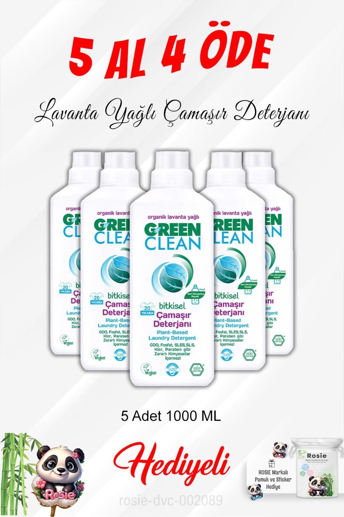 Green Clean Lavanta Yağlı Çamaşır Deterjanı 5 Al 4 Öde 1000 ml Ve Rosie Pamuk