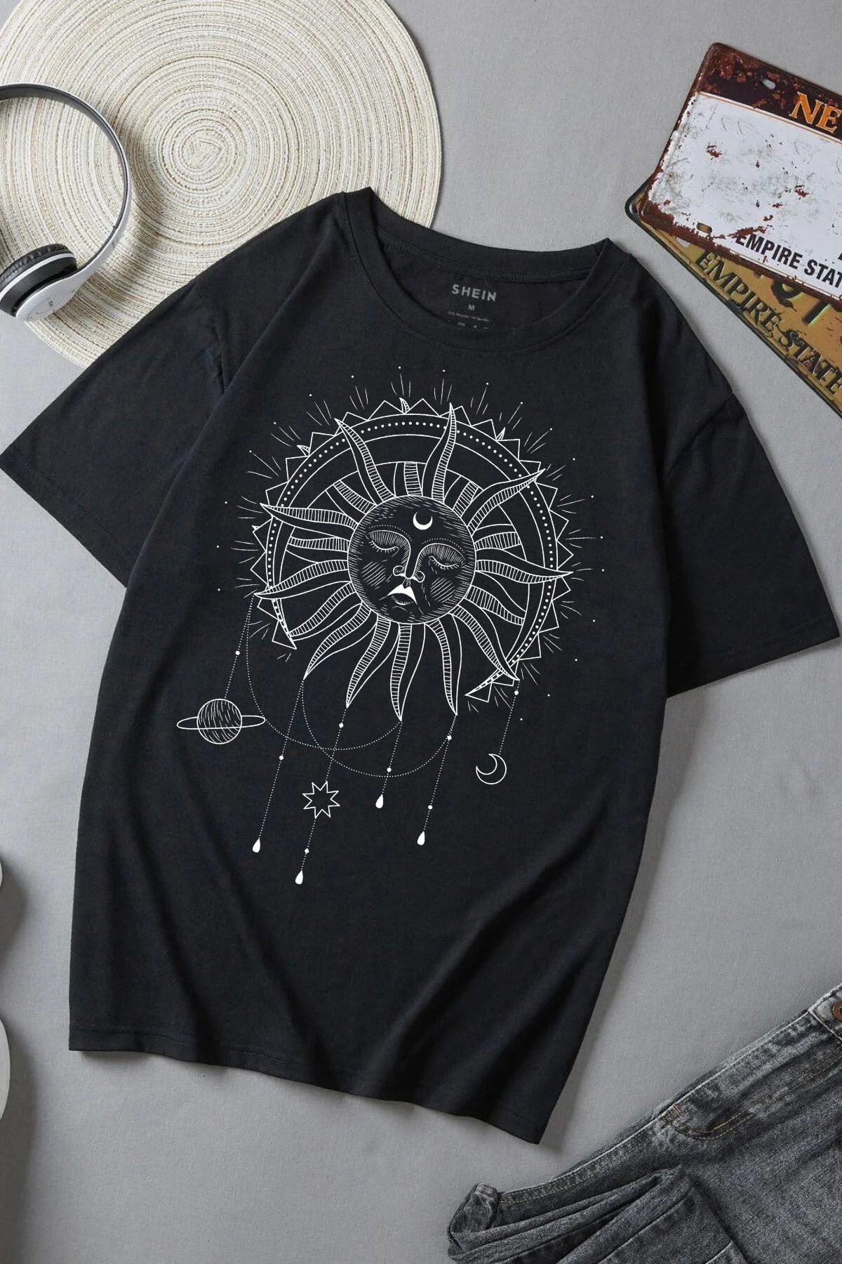 JAMPY Unisex Siyah Güneş Baskılı Oversize T-shirt