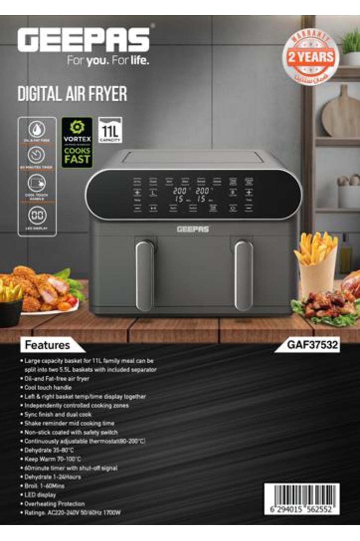 Geepas-Digital Air Fryer- 11 L Capacity with 5.5 L Dual Baskets with Separator 2