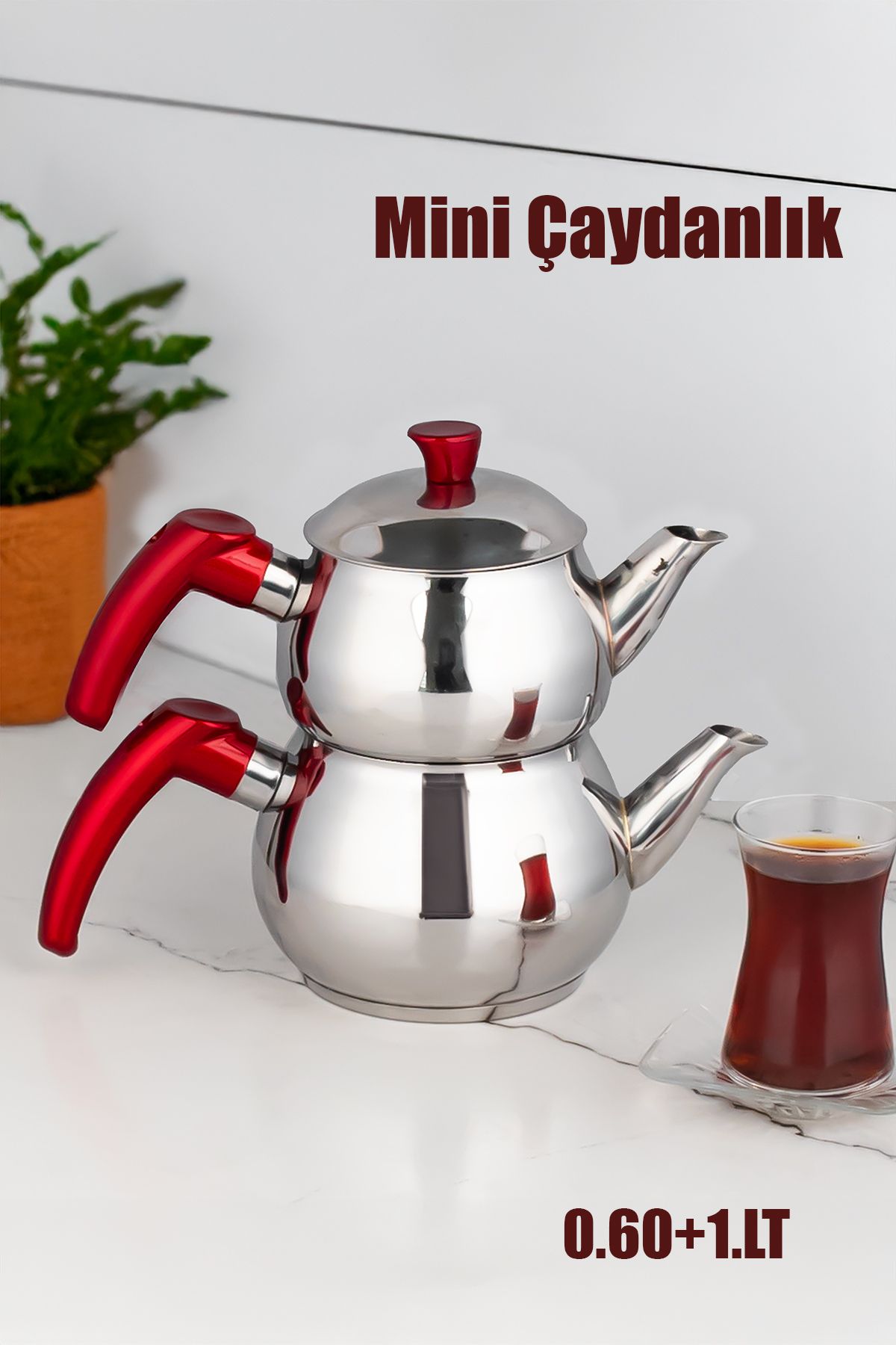 Porsima 2NO Dayanıklı Mini Boy Paslanmaz Çelik Çaydanlık Takımı 0.60+1.00LT