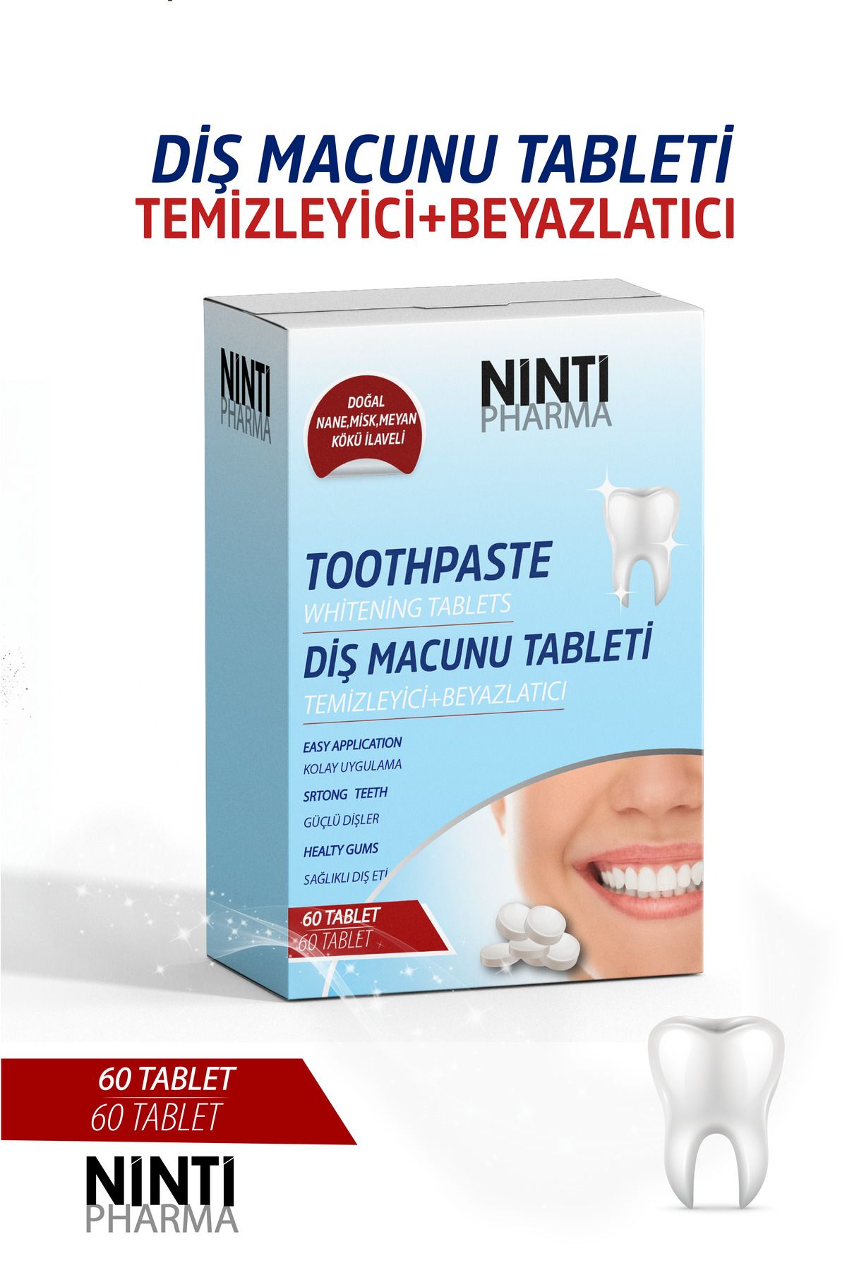 nintipharma Temizleyici Beyazlatıcı Diş Macunu Tableti Meyan Kökü + Misvaklı Nane Aromalı 60 Tablet