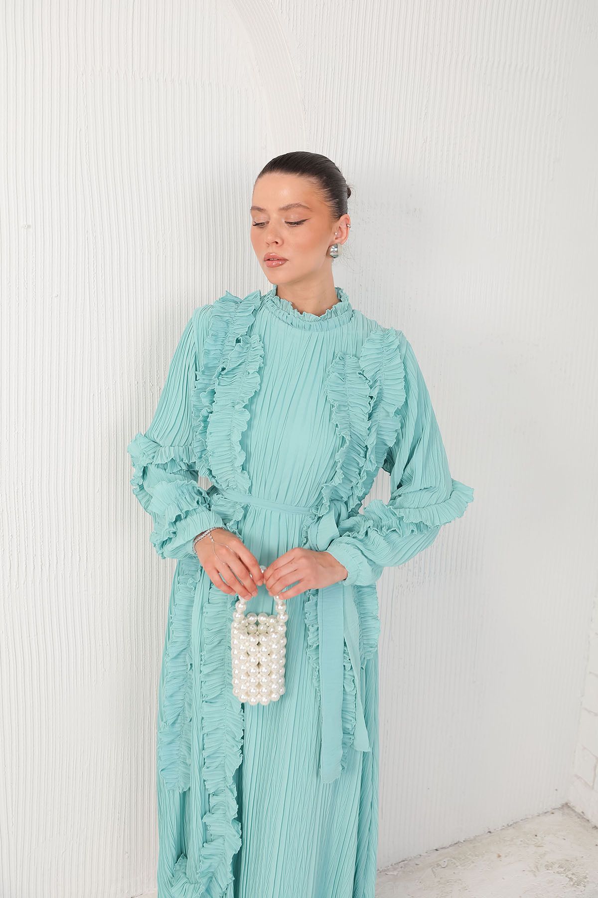 Melike Tatar-Water Green Pleat Detail Dress 32 3