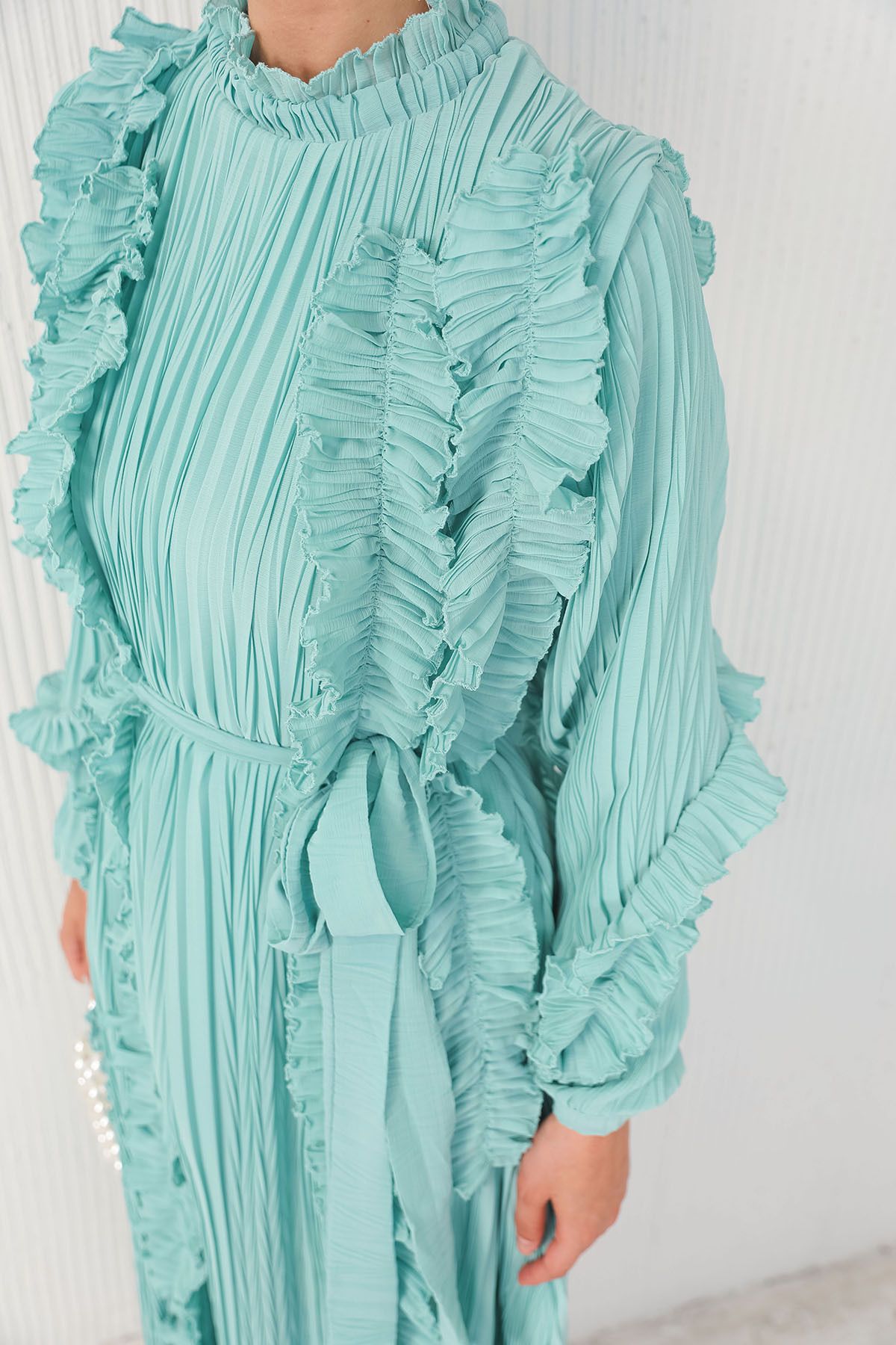 Melike Tatar-Water Green Pleat Detail Dress 32 4