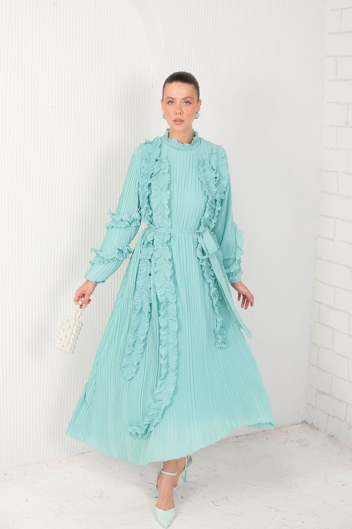 Melike Tatar-Water Green Pleat Detail Dress 32 1