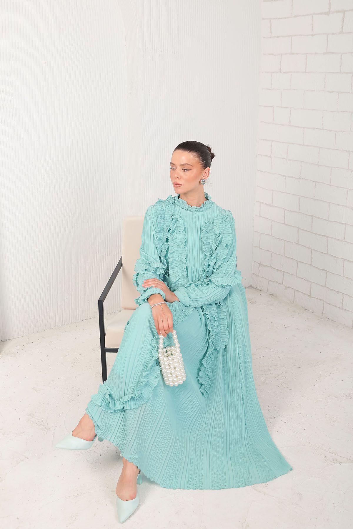 Melike Tatar-Water Green Pleat Detail Dress 32 6