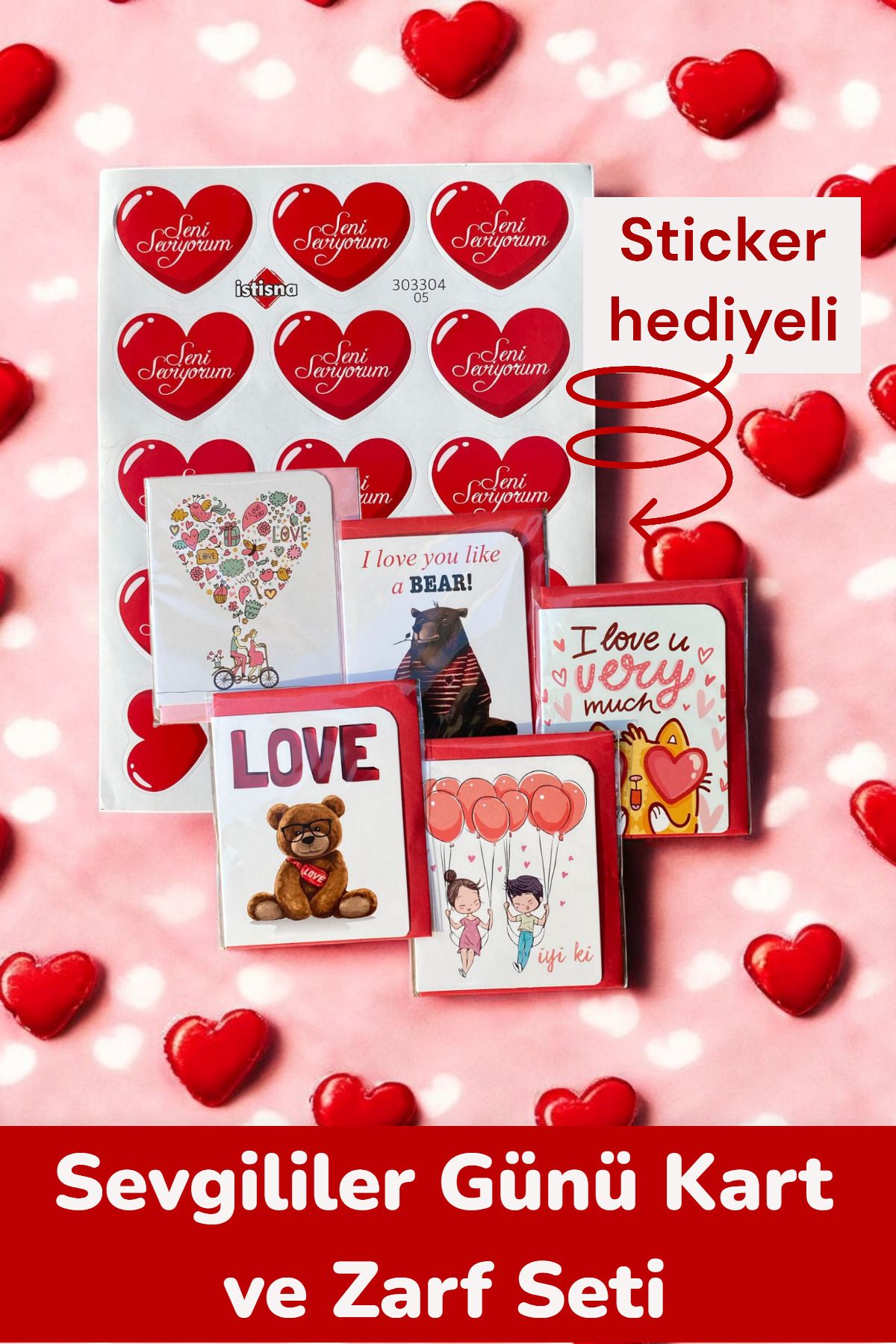 İstisna 5 Adet Sevgililer Günü Temalı Doğum Günü Kartı ve Zarfı Sevimli Mini Sticker Hediyeli