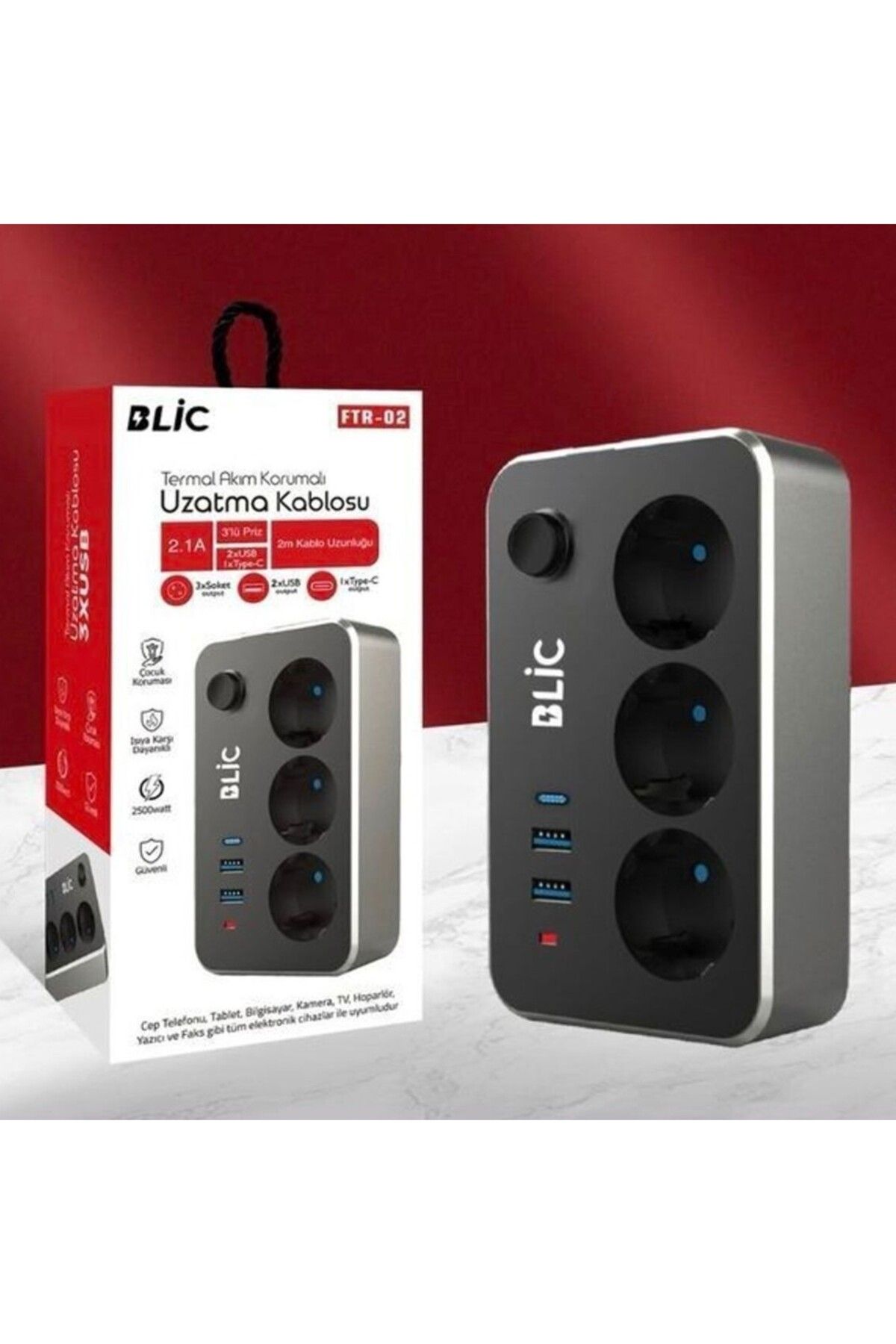 Blic FTR-02 TERMAL AKIM KORUMALI 3 PRİZ / 2 USB / 1 TYPE-C GİRİŞLİ 2M KABLOLU ÜÇLÜ PİRİZ