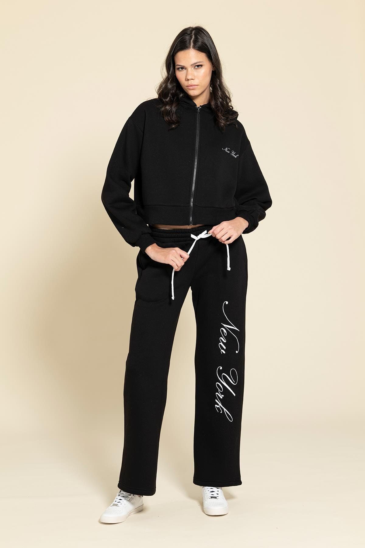 FOR YOU MODA 2'li Fermuarlı Newyork Nakışlı Siyah Eşofman Takımı