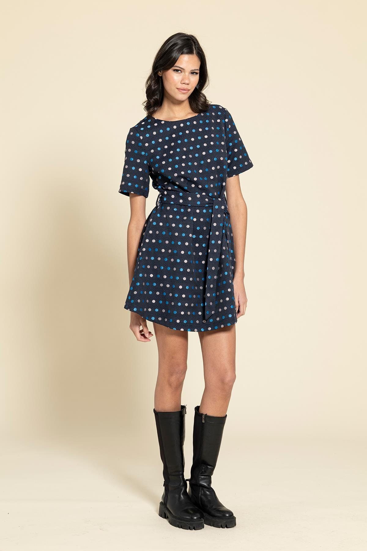 FOR YOU MODA-Navy Blue Mini Dress with Polka Dot Belt 2