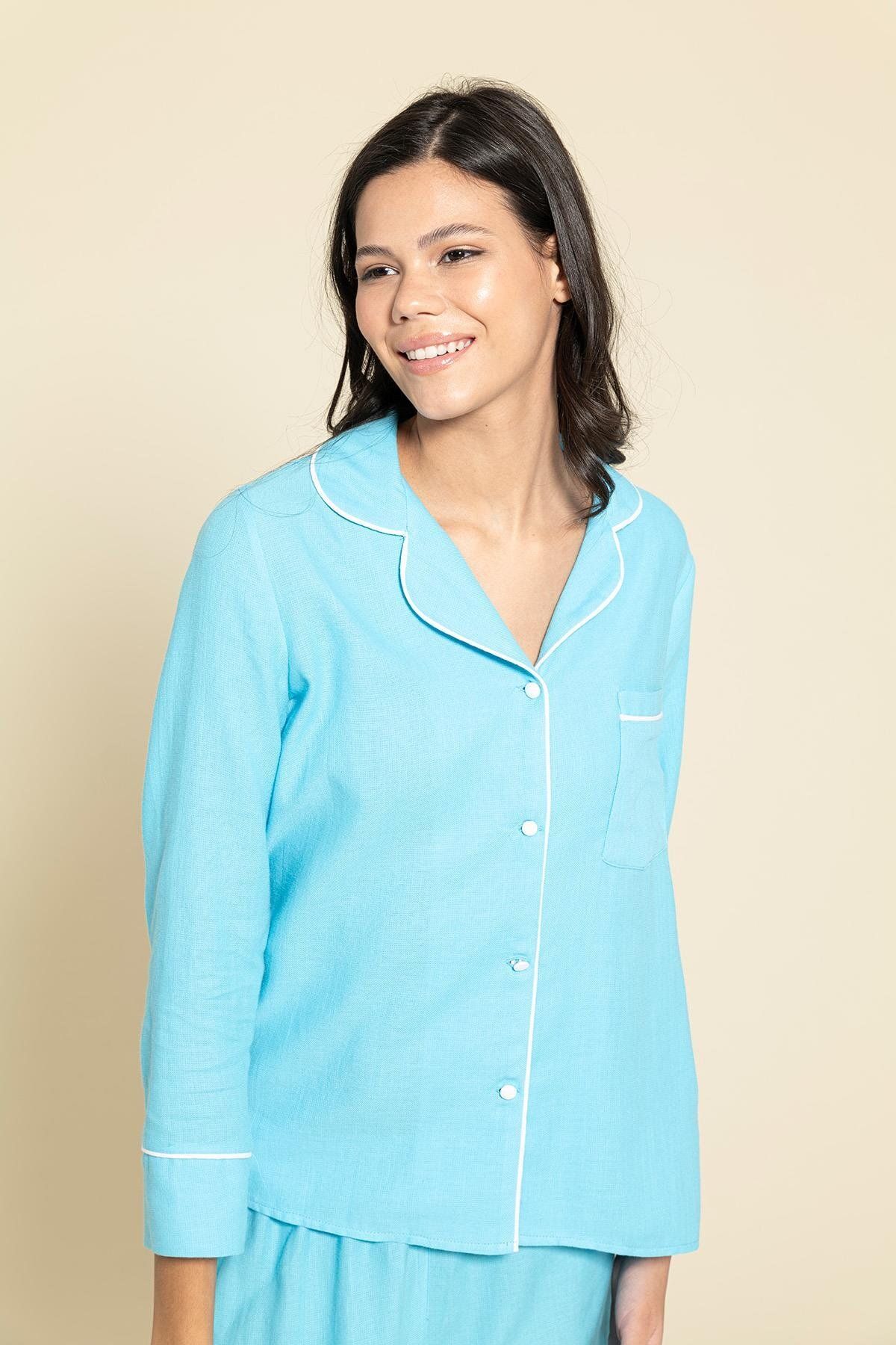 FOR YOU MODA-3-Piece Organic White Bias Blue Pajamas Set 2