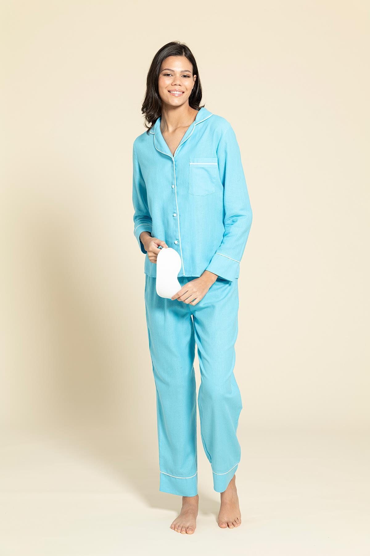 FOR YOU MODA-3-Piece Organic White Bias Blue Pajamas Set 4