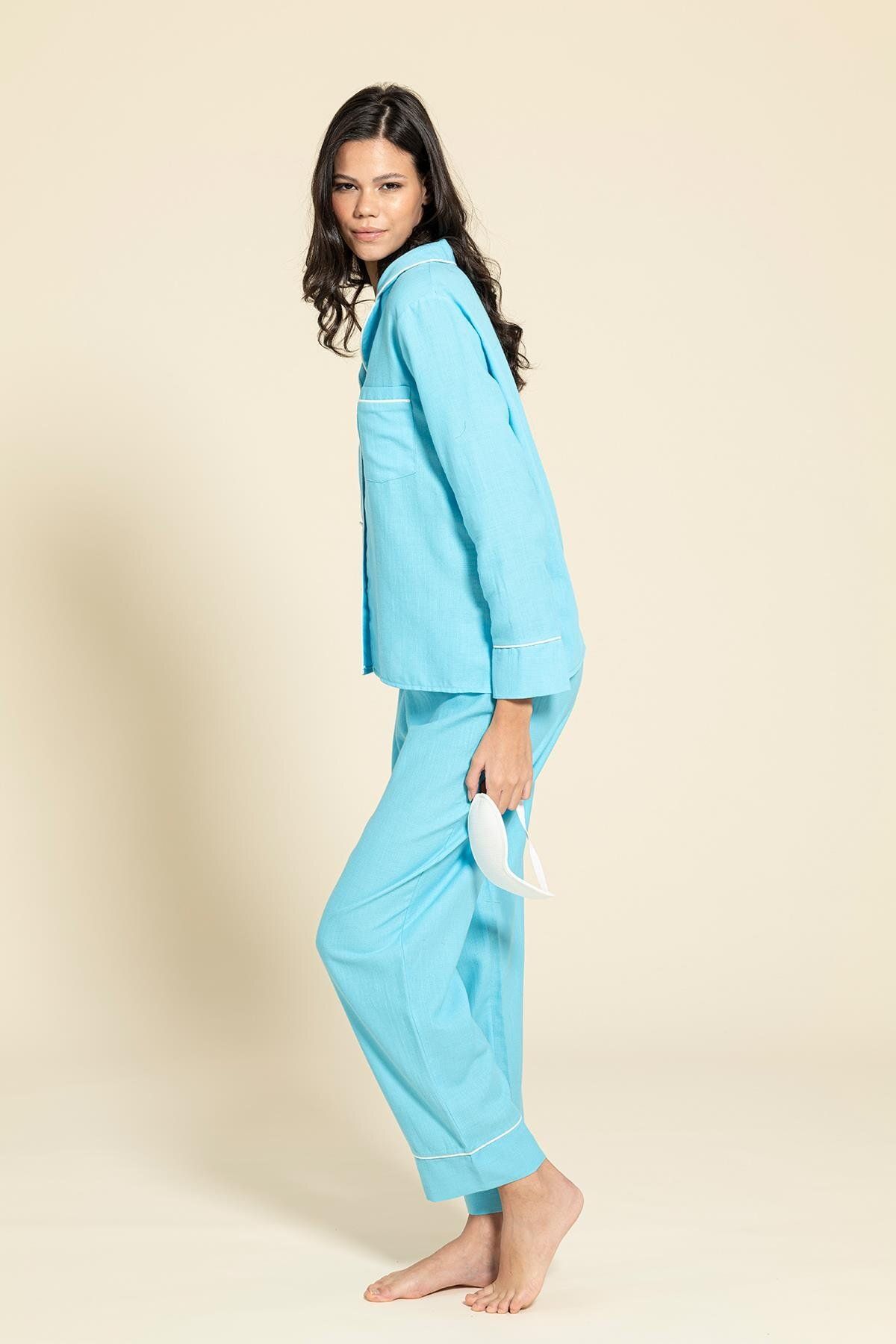 FOR YOU MODA-3-Piece Organic White Bias Blue Pajamas Set 3