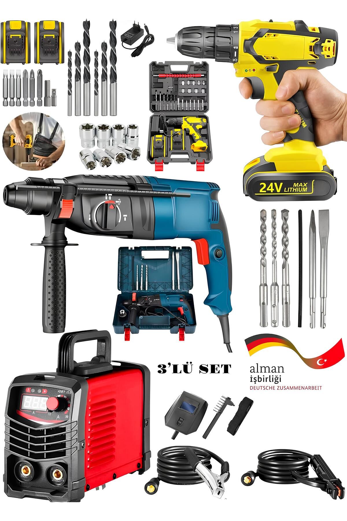 DYNAMİC MAX 3'lü Set İnvertec Kartlı Kaynak Makinesi Soğutmalı -Kırıcı Delici Hilti-Şarjlı Darbeli Setli Matkap