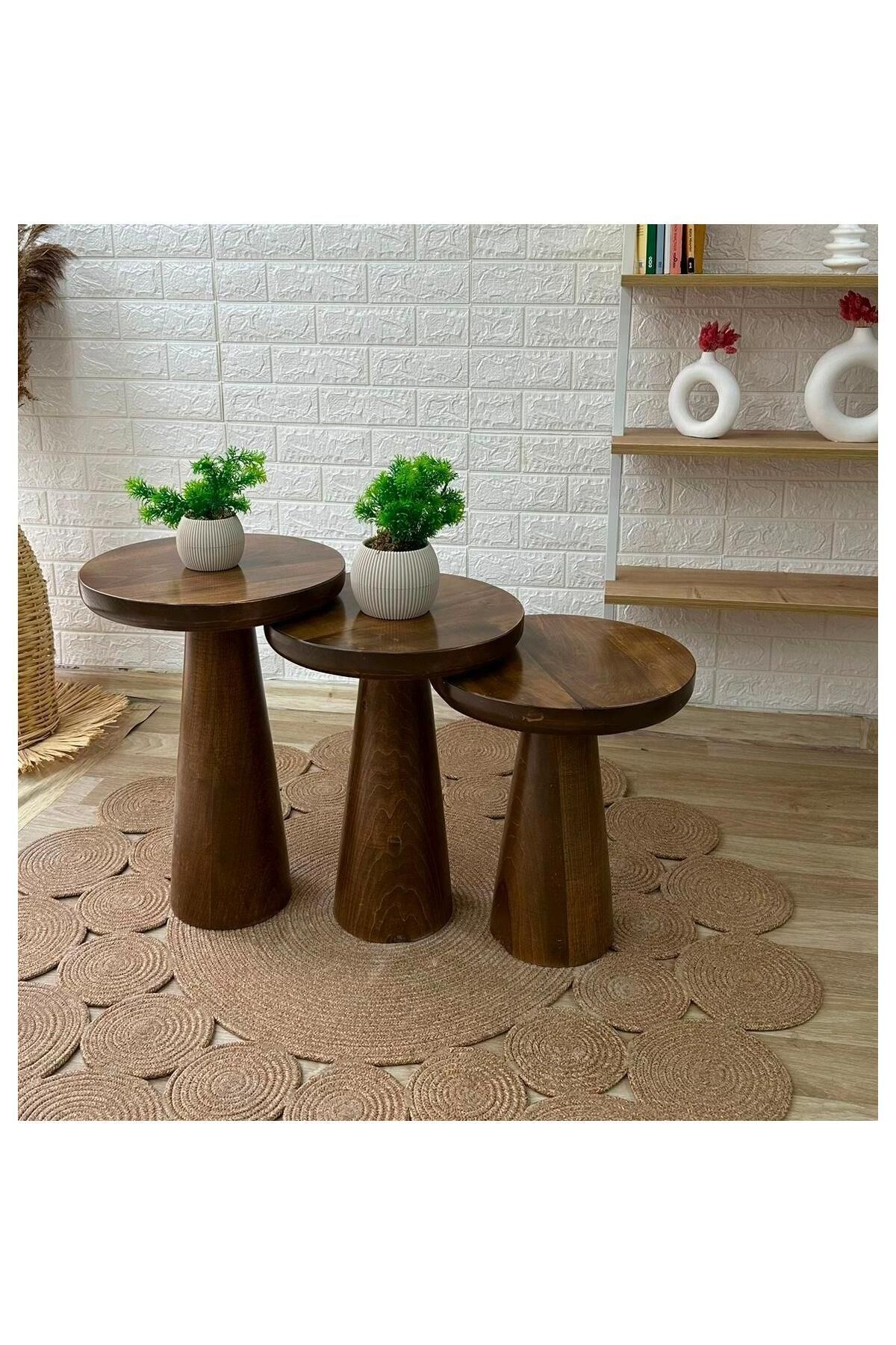 St Morritz Mantar Sehpa Yan Sehpa Ihlamur Ağacı Mushroom Sehpa 3lü Set (50-45-40CM)