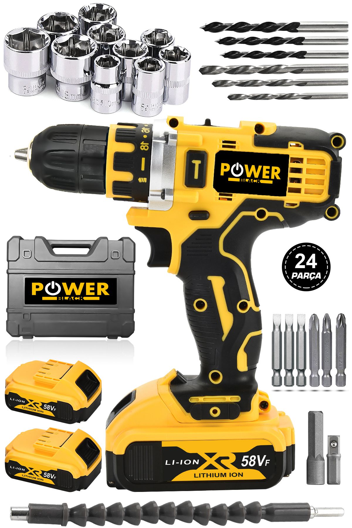 POWER BLACK 58v  24 parça Metal Şanzıman Çift Akülü Bakır Sargı Şarjlı Matkap Akülü Vidalama