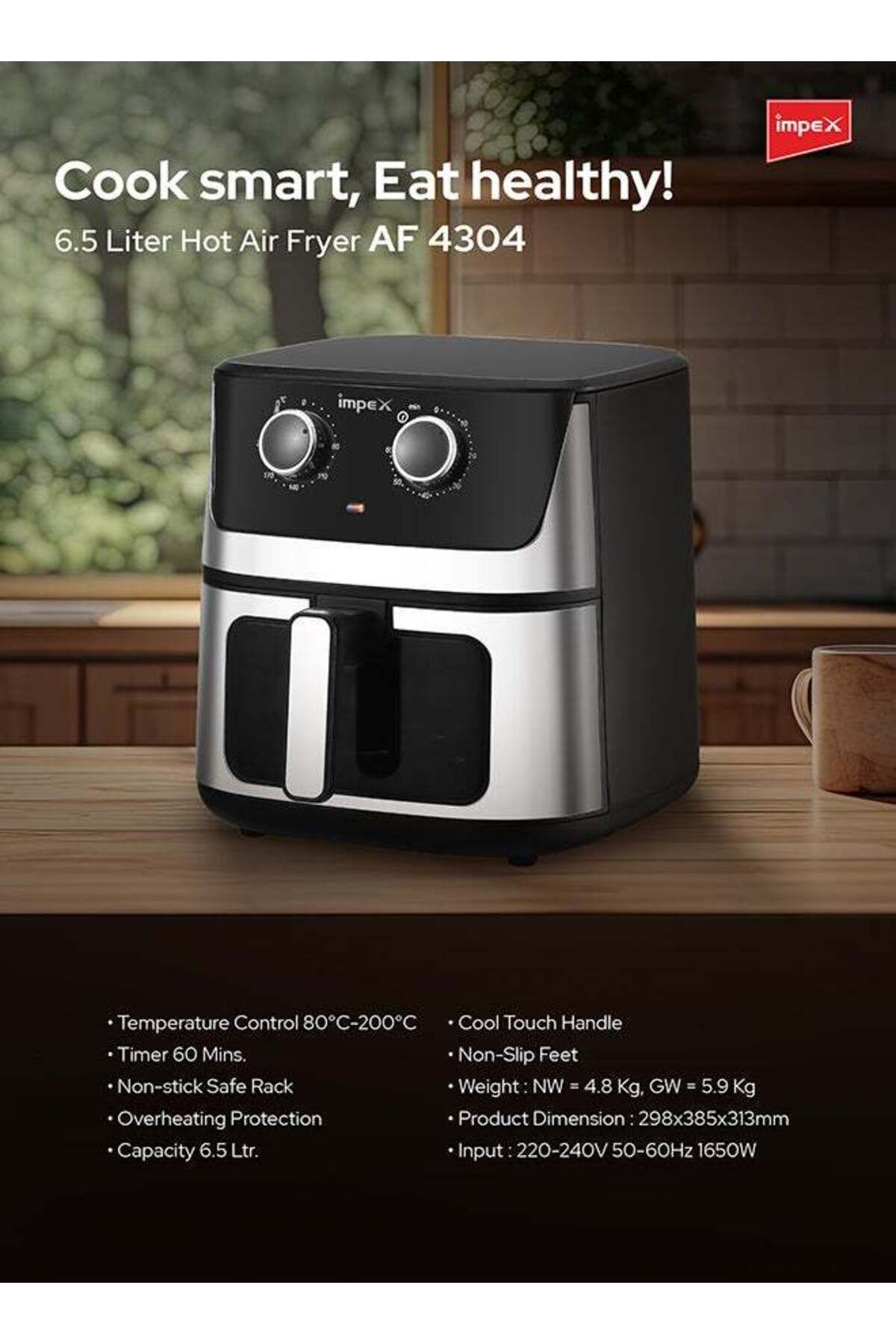 İMPEX-Mechanical Air Fryer With Temperature Control & 60 mins Timer 6.5L 1650W AF 4304 Black/Silver 7