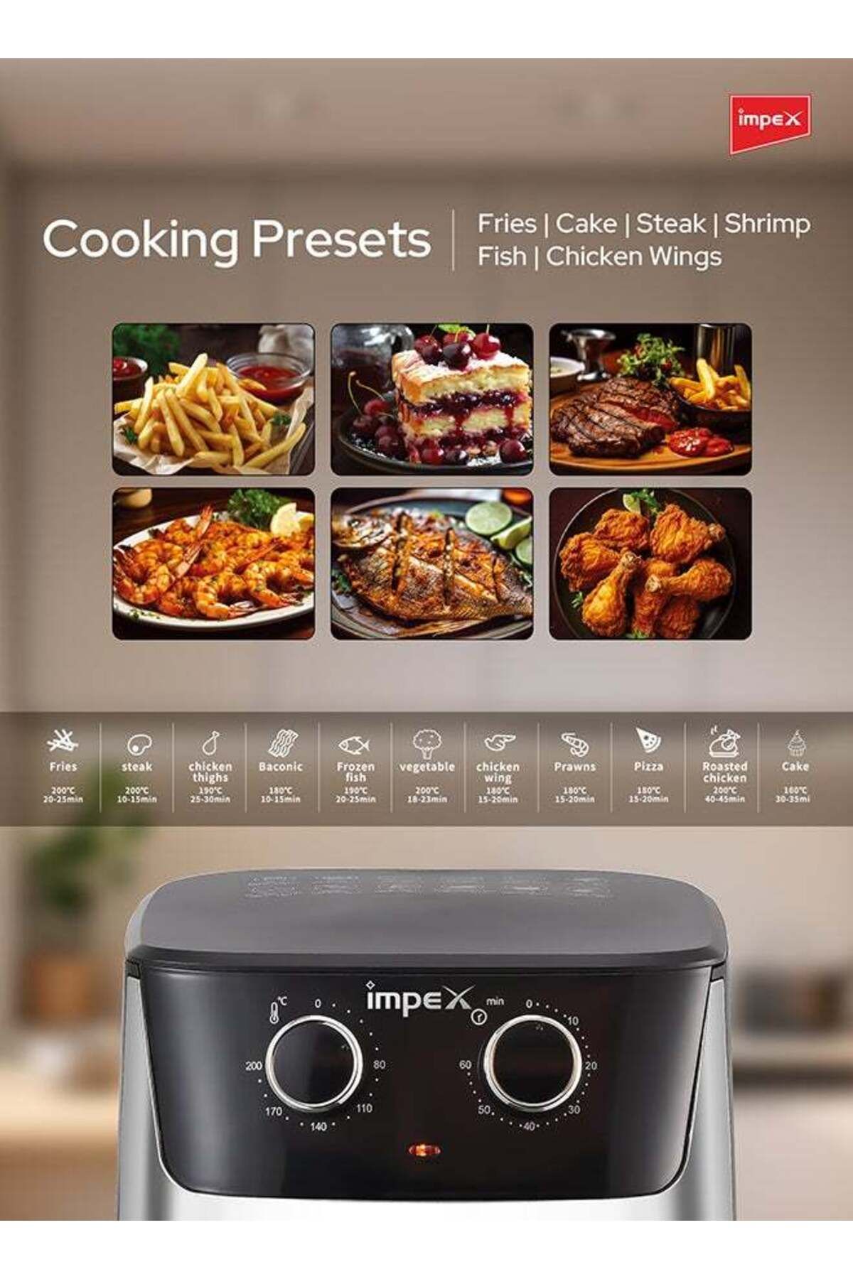 İMPEX-Mechanical Air Fryer With Temperature Control & 60 mins Timer 6.5L 1650W AF 4304 Black/Silver 6