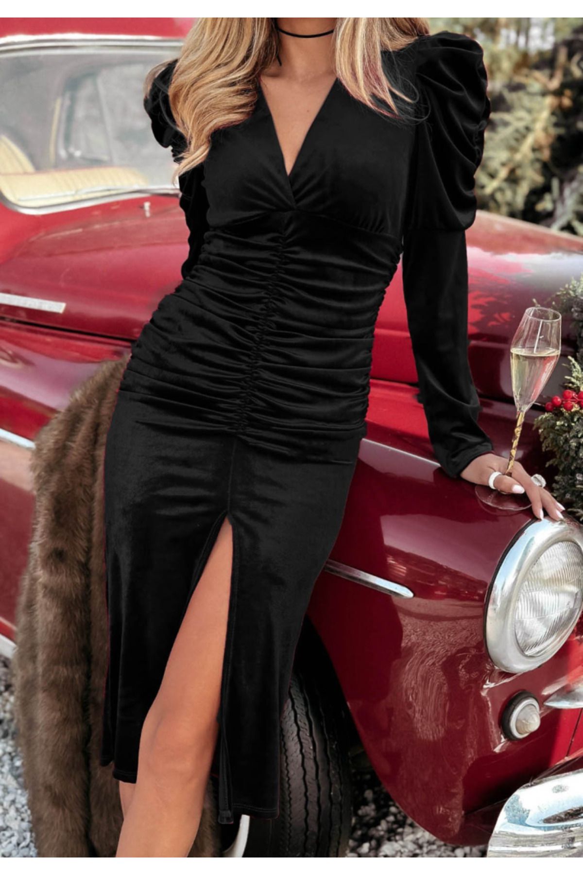 MHT STORE-Women's Long Sleeve Deep Double Breasted Neckline Front Gathered Slit Detail Velvet Midi Dress 4