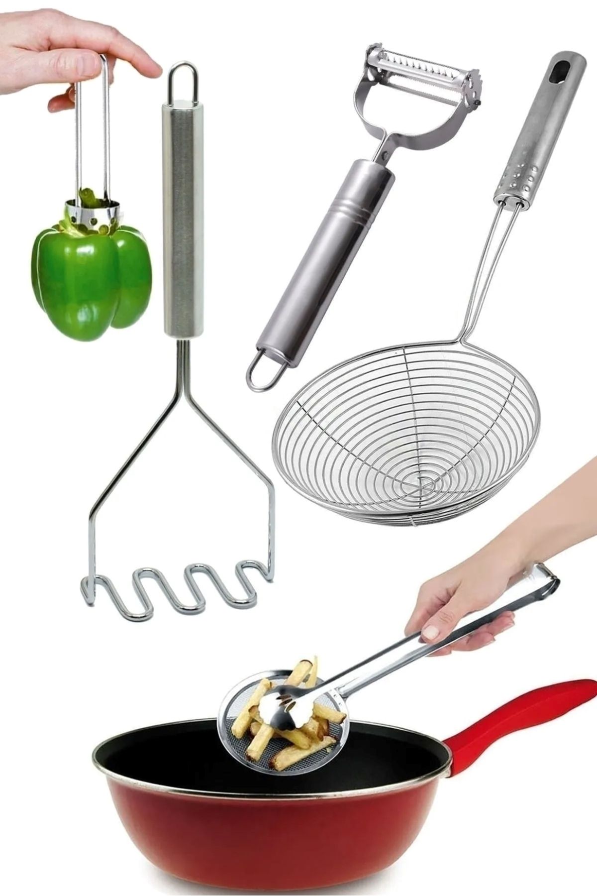 Parland Metal Patates Ezici, Kevgir, Kızartma Maşası, Sebze Soyacağı, Dolma Biber Oyacağı 5 Parça