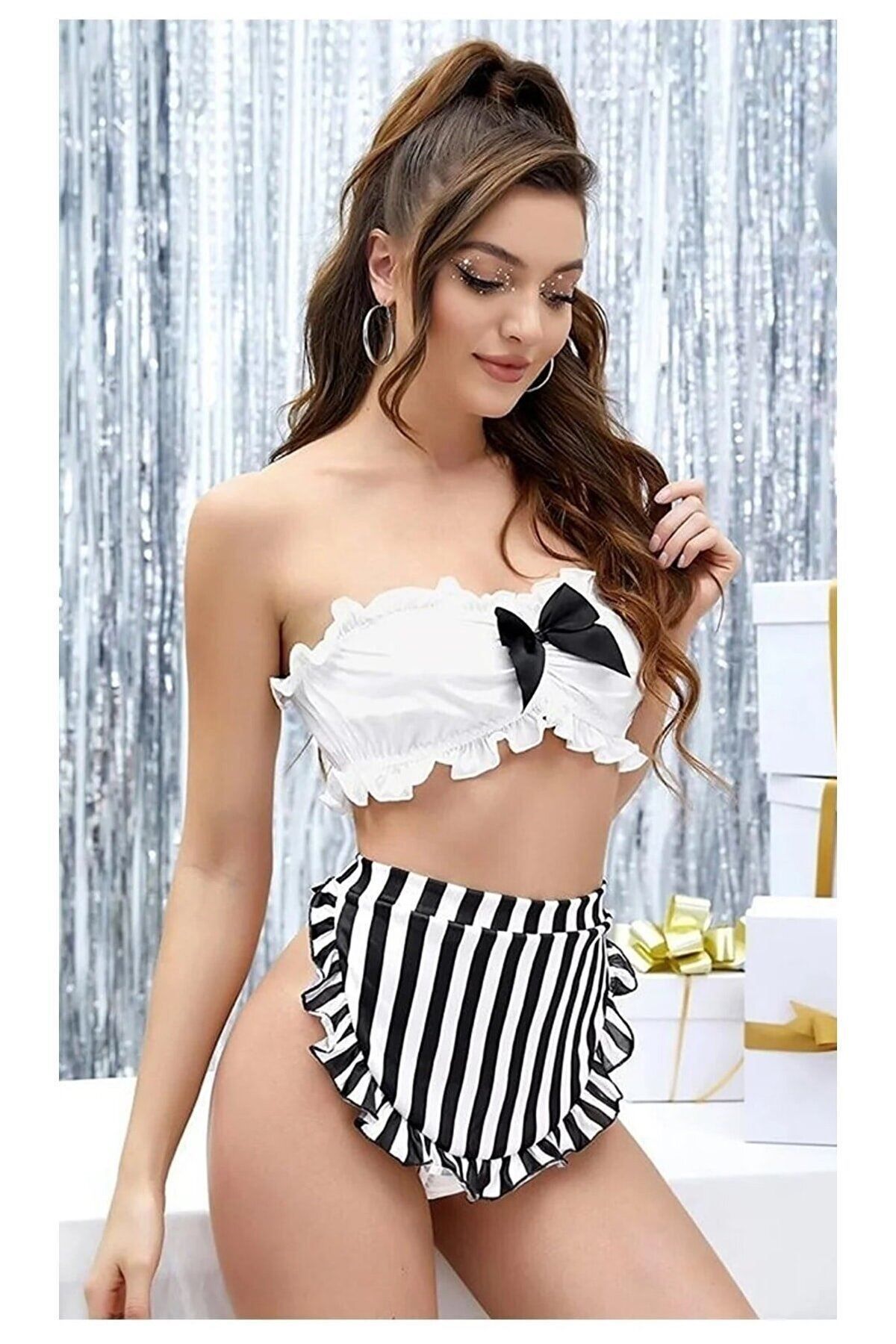Motto10butik-Women's Sexy Zebra Skirt Waiter Costume 2