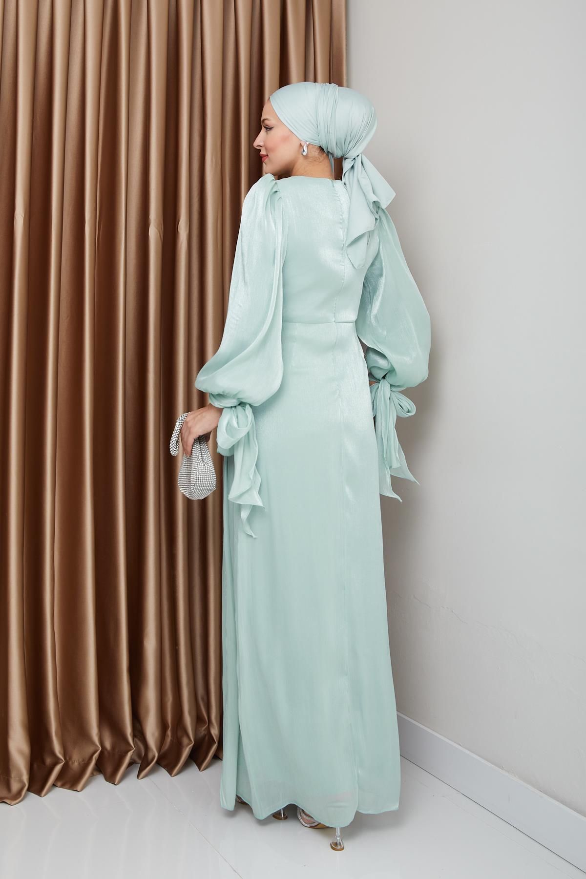 Olcay-Yoryo Seiden-Hijab-Abendkleid – Volant- und Schleifendetail, Ärmelschnürkleid MİNT 1224 7