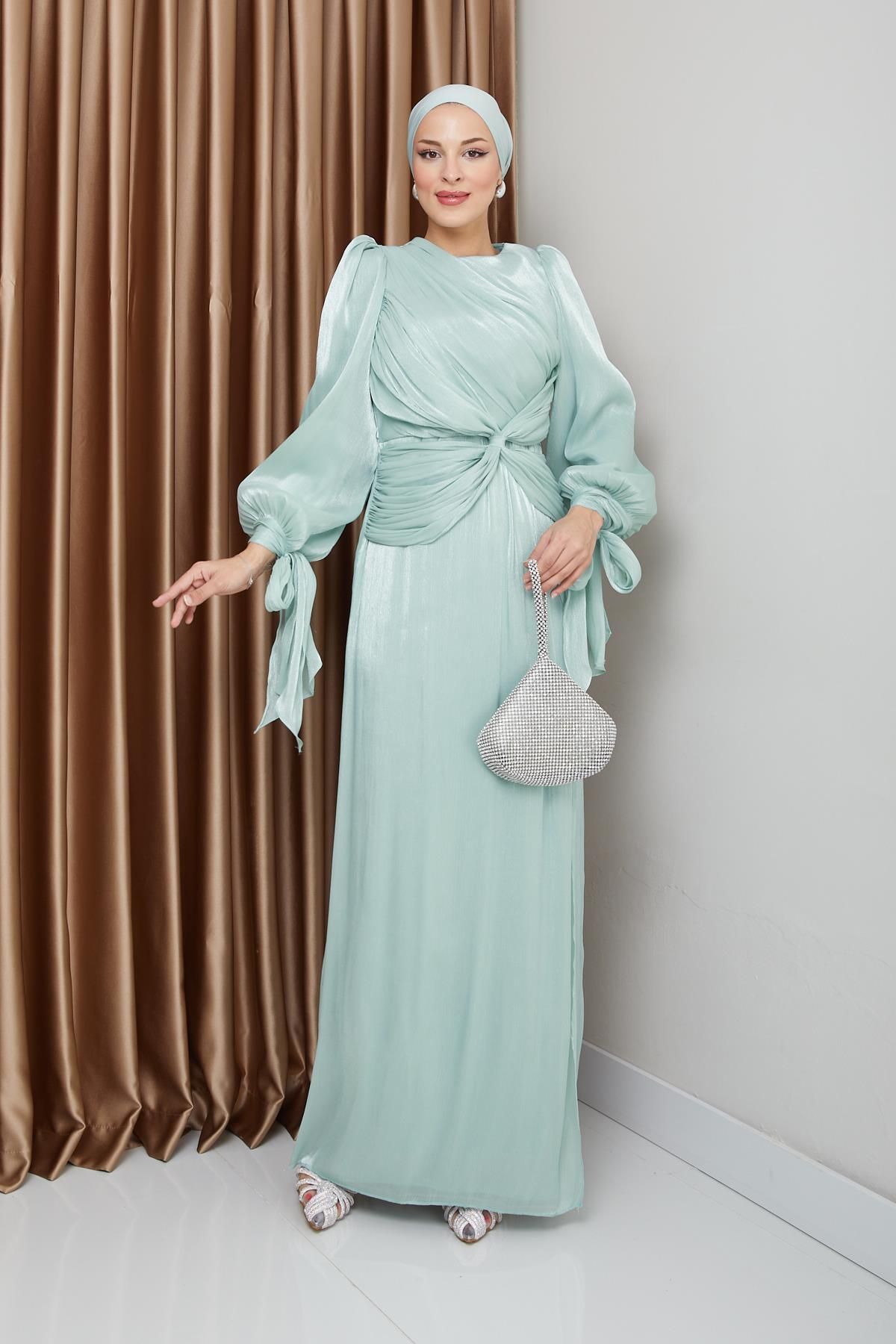 Olcay-Yoryo Seiden-Hijab-Abendkleid – Volant- und Schleifendetail, Ärmelschnürkleid MİNT 1224 4