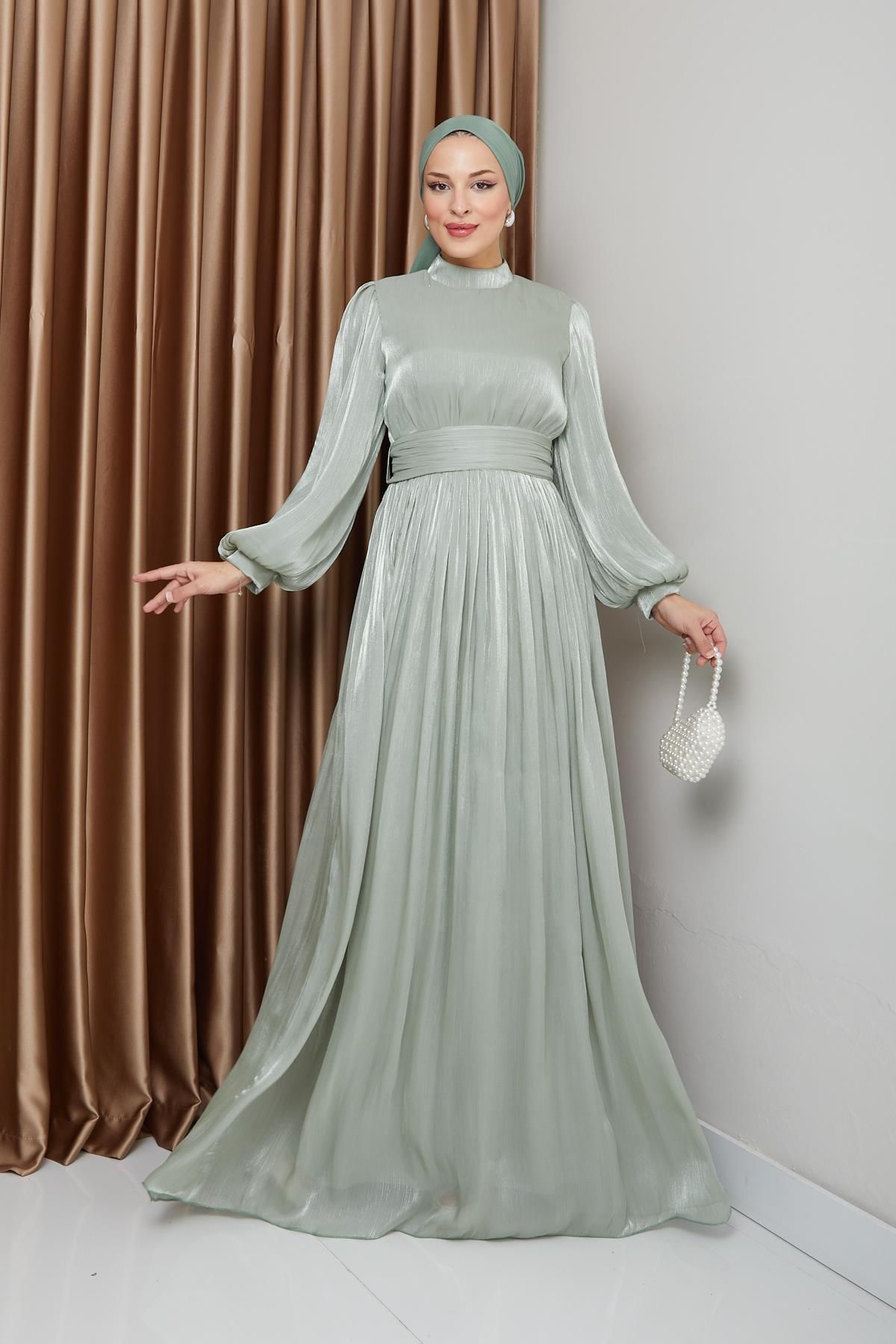 Olcay-Hellgrünes Hijab-Abendkleid aus Seide mit Schärpe und Kordelzug, Yoryo-Modell 1225 2