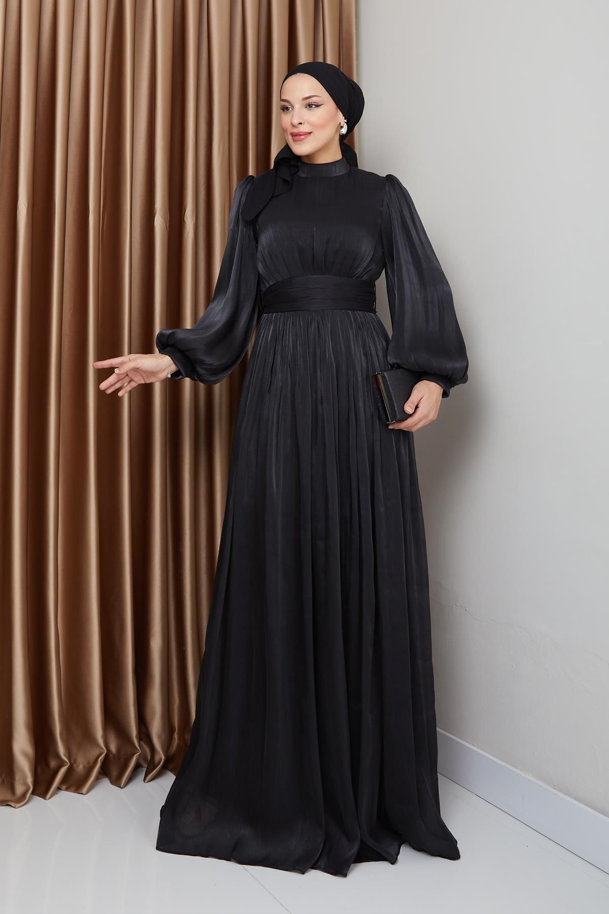 Olcay-Hijab-Abendkleid aus Seide – Yoryo, Taillengürtel und Kordelzug-Detail, SCHWARZ 1225 4