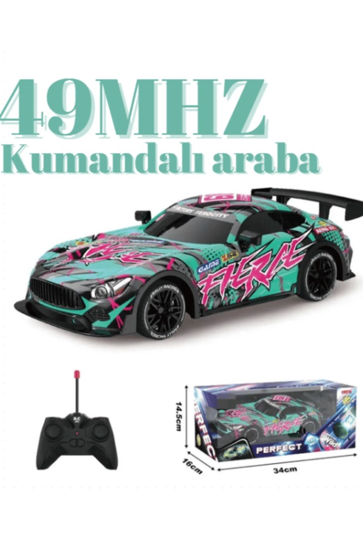 Boratila Toys 49MHZ 24CM 15KM Hız Yapabilen Işıklı Demolu Full Fonksiyon TURKUAZ Uzaktan Kumandalı Yarış Arabası